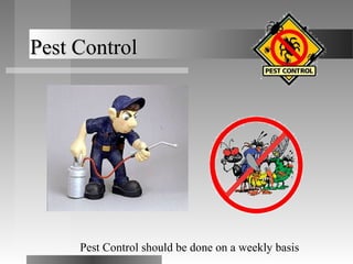 Pest Control




     Pest Control should be done on a weekly basis
 