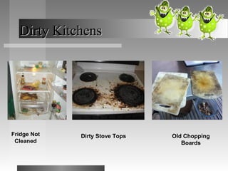 Dirty KitchensDirty Kitchens
Fridge Not
Cleaned
Dirty Stove Tops Old Chopping
Boards
 