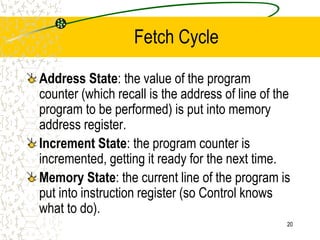 20
Fetch Cycle
Address State: the value of the program
counter (which recall is the address of line of the
program to be performed) is put into memory
address register.
Increment State: the program counter is
incremented, getting it ready for the next time.
Memory State: the current line of the program is
put into instruction register (so Control knows
what to do).
 