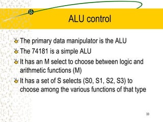 33
ALU control
The primary data manipulator is the ALU
The 74181 is a simple ALU
It has an M select to choose between logic and
arithmetic functions (M)
It has a set of S selects (S0, S1, S2, S3) to
choose among the various functions of that type
 