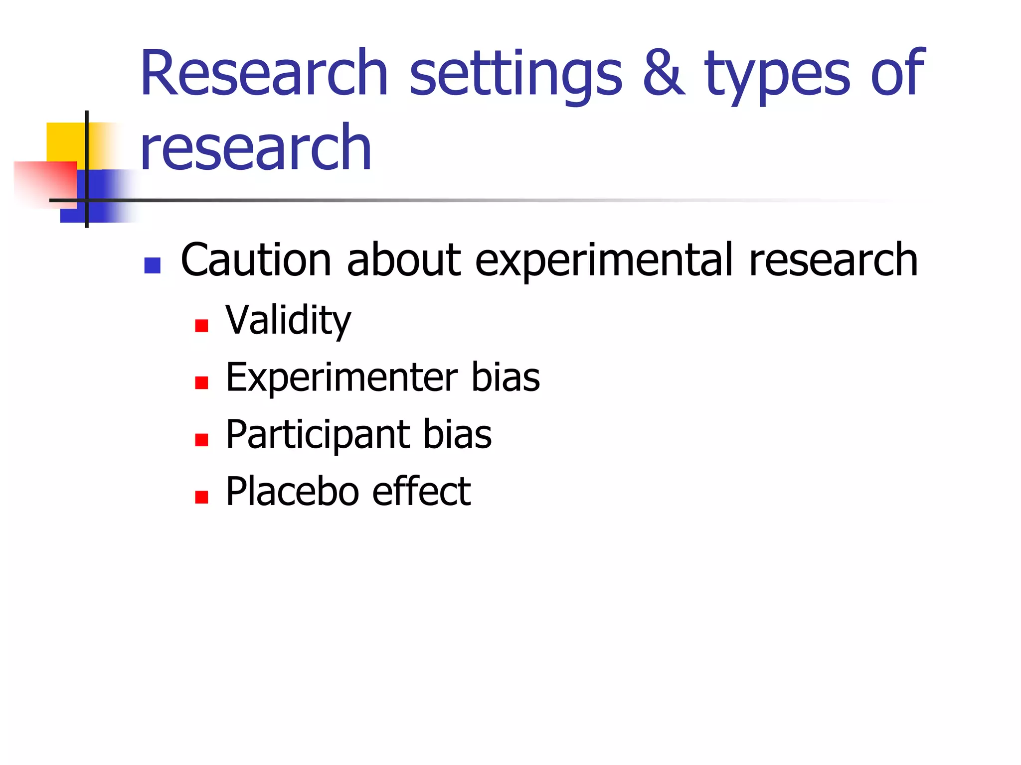 Research settings & types of
research


Caution about experimental research






Validity
Experimenter bias
Participant bias
Placebo effect

 
