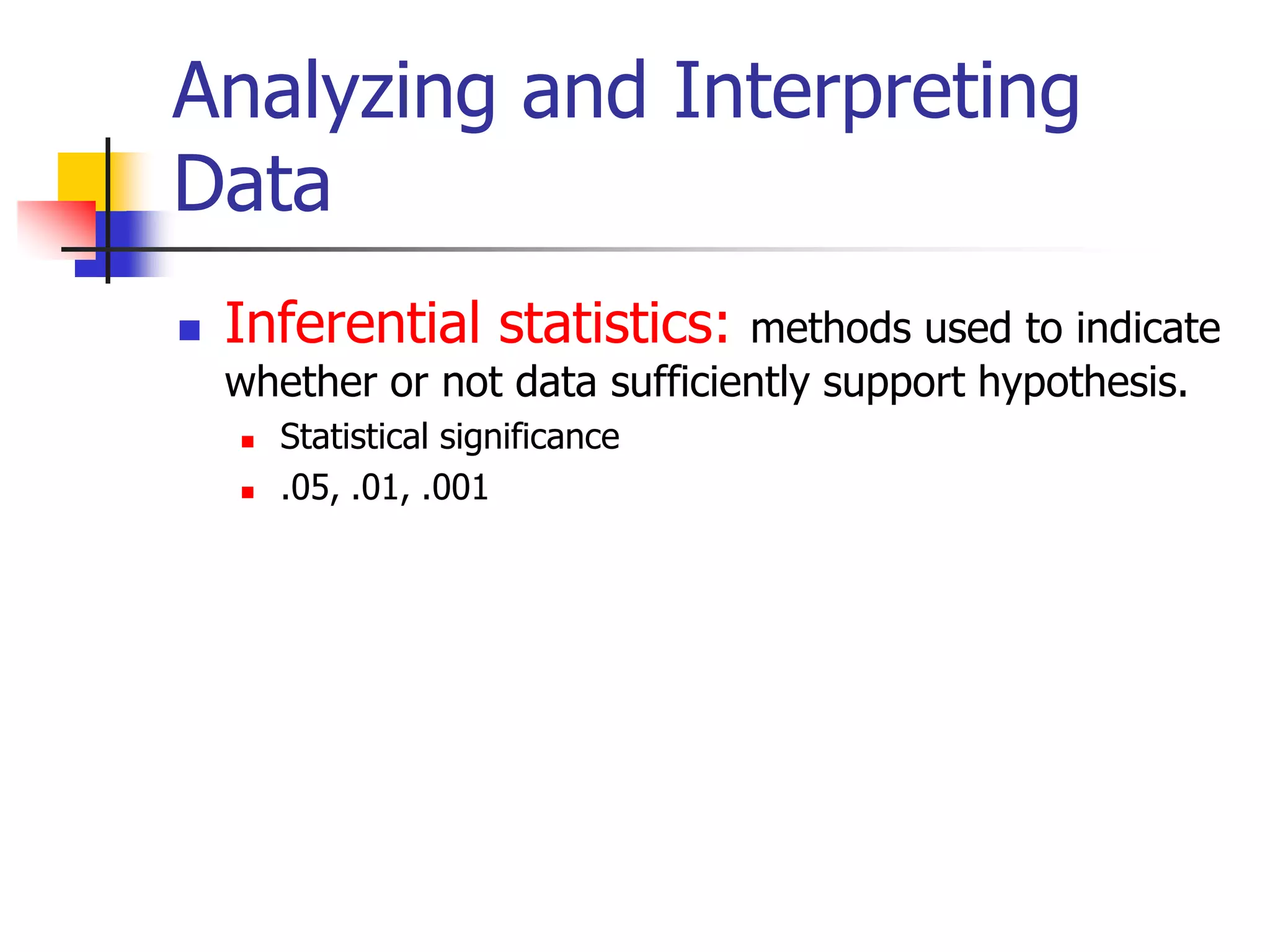 Analyzing and Interpreting
Data


Inferential statistics:

methods used to indicate
whether or not data sufficiently support hypothesis.



Statistical significance
.05, .01, .001

 