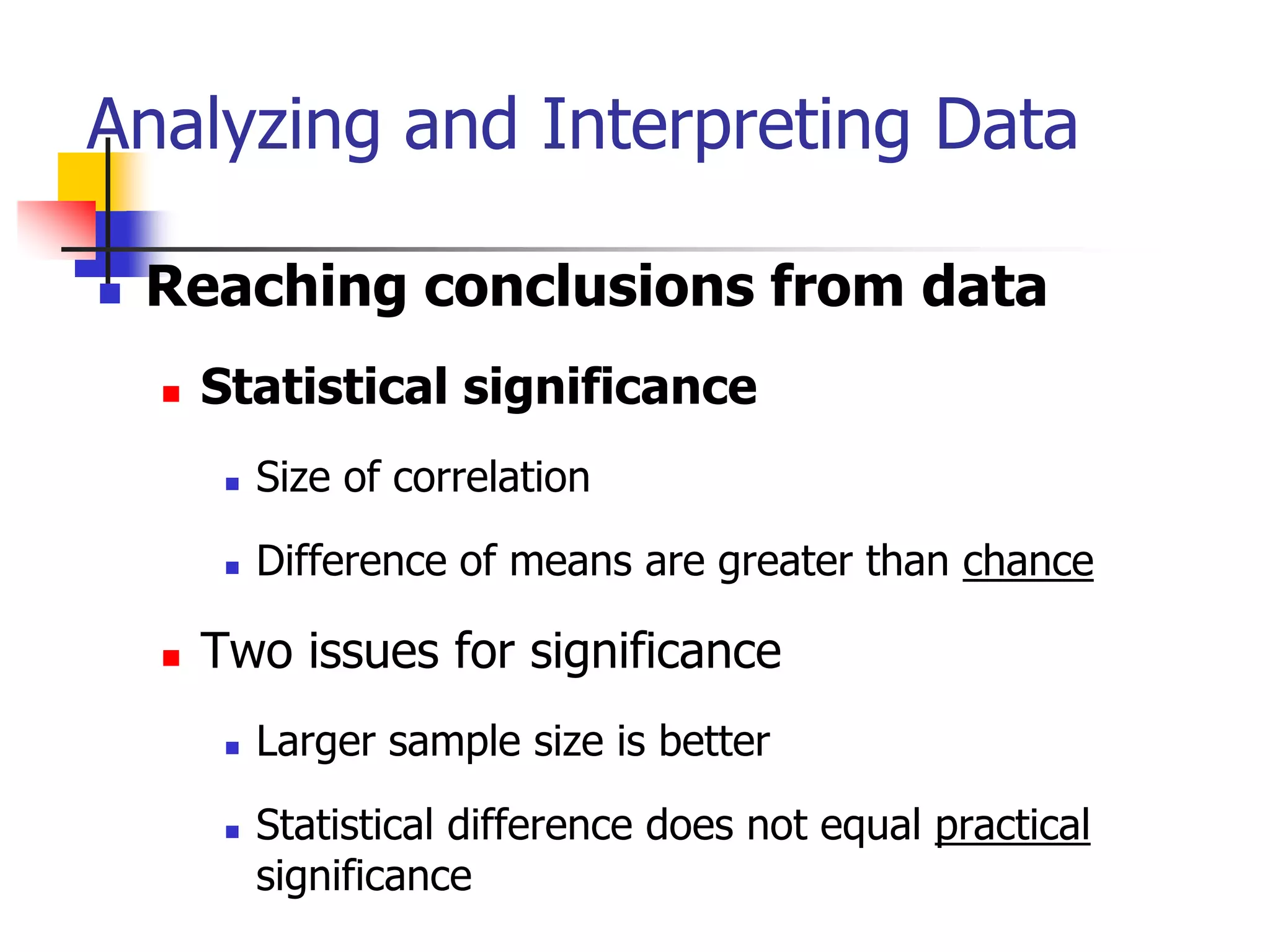 Analyzing and Interpreting Data


Reaching conclusions from data


Statistical significance






Size of correlation

Difference of means are greater than chance

Two issues for significance




Larger sample size is better
Statistical difference does not equal practical
significance

 