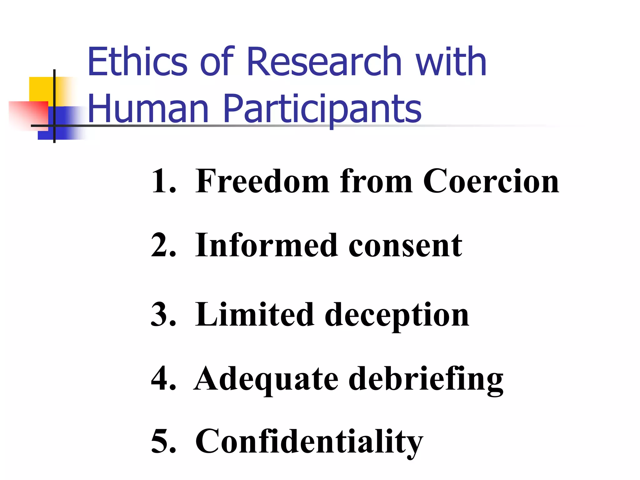 Ethics of Research with
Human Participants
1. Freedom from Coercion
2. Informed consent
3. Limited deception

4. Adequate debriefing
5. Confidentiality

 
