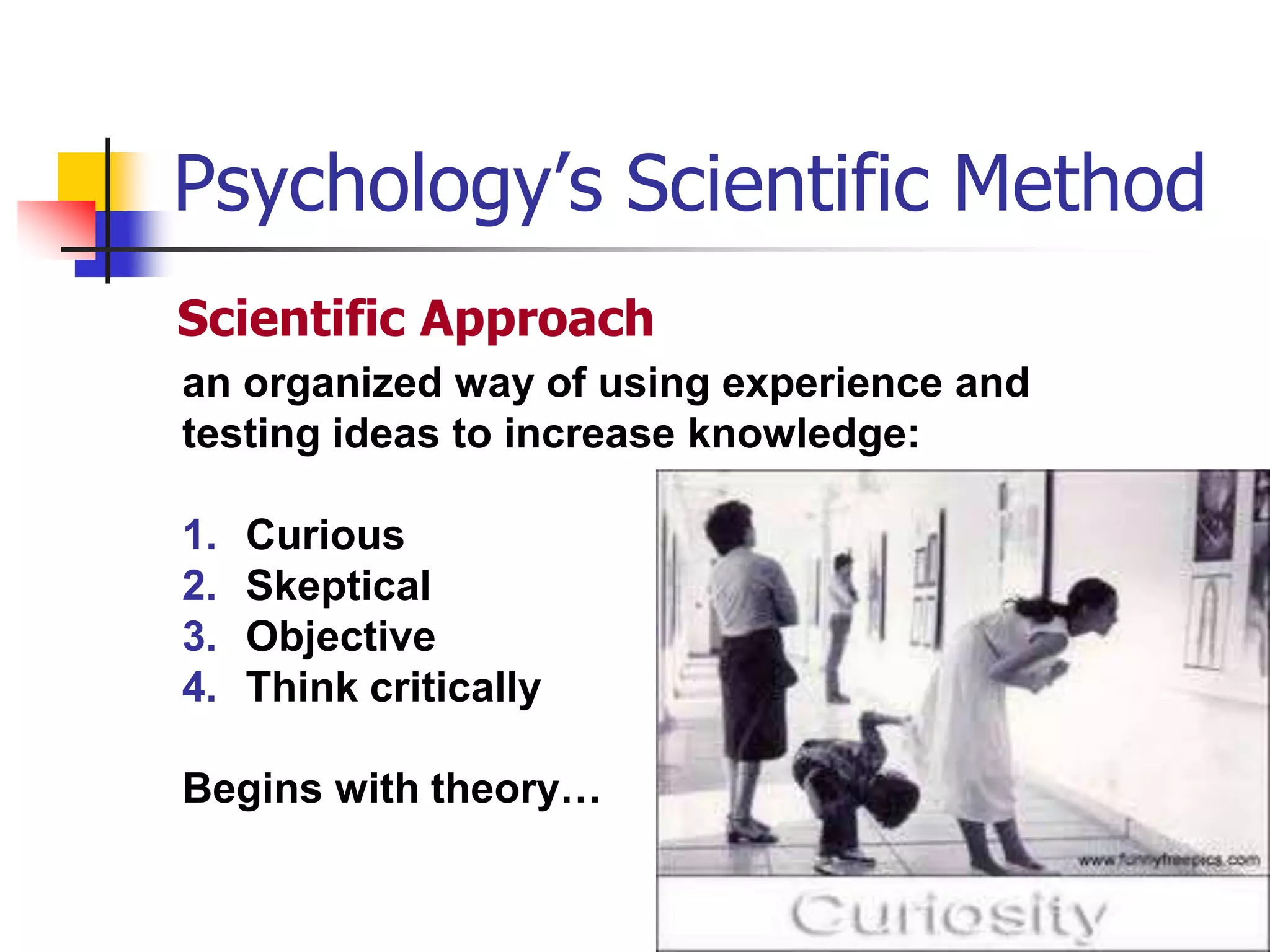 Psychology’s Scientific Method
Scientific Approach
an organized way of using experience and
testing ideas to increase knowledge:

1.
2.
3.
4.

Curious
Skeptical
Objective
Think critically

Begins with theory…

 
