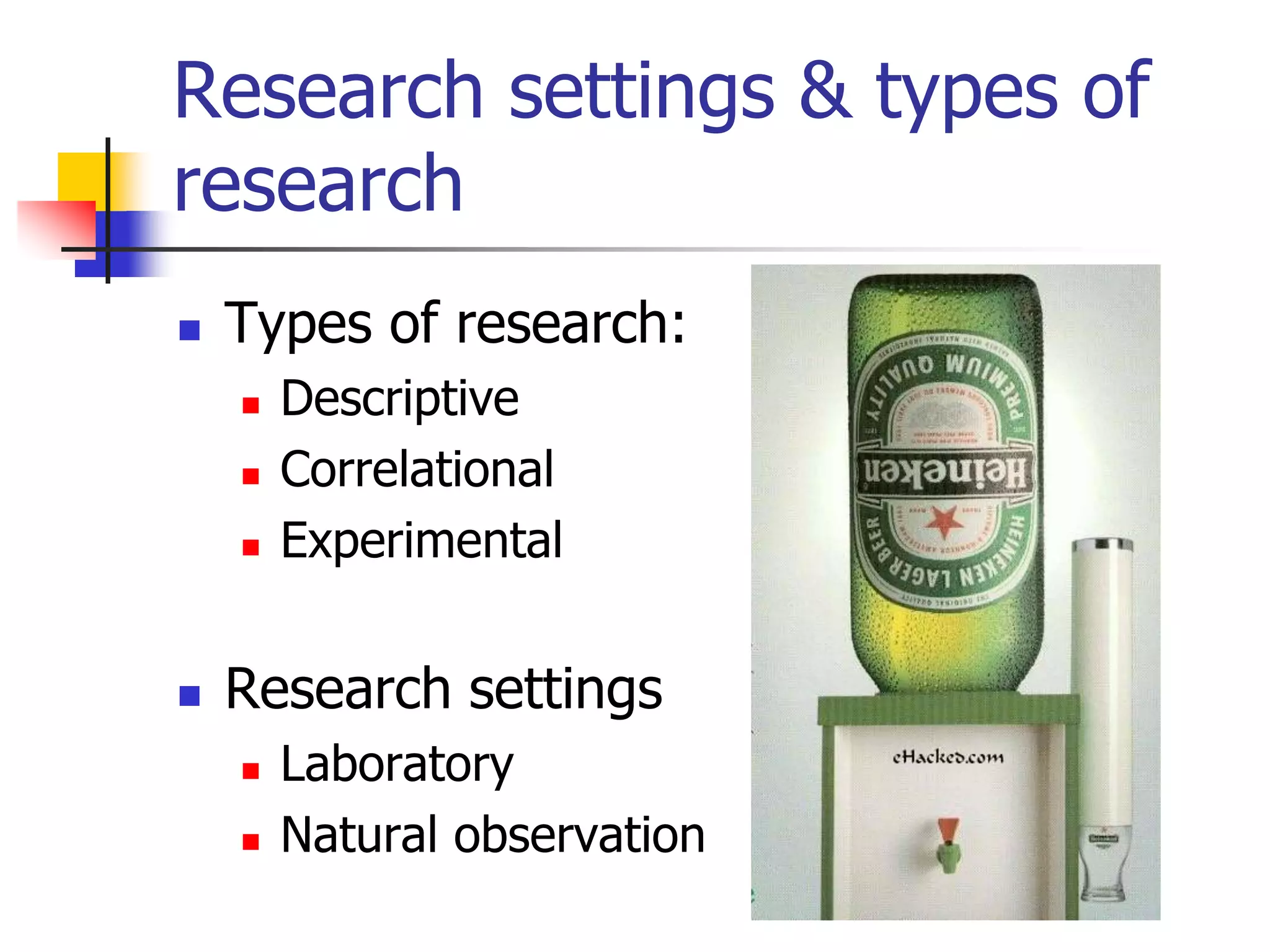 Research settings & types of
research


Types of research:






Descriptive
Correlational
Experimental

Research settings




Laboratory
Natural observation

 