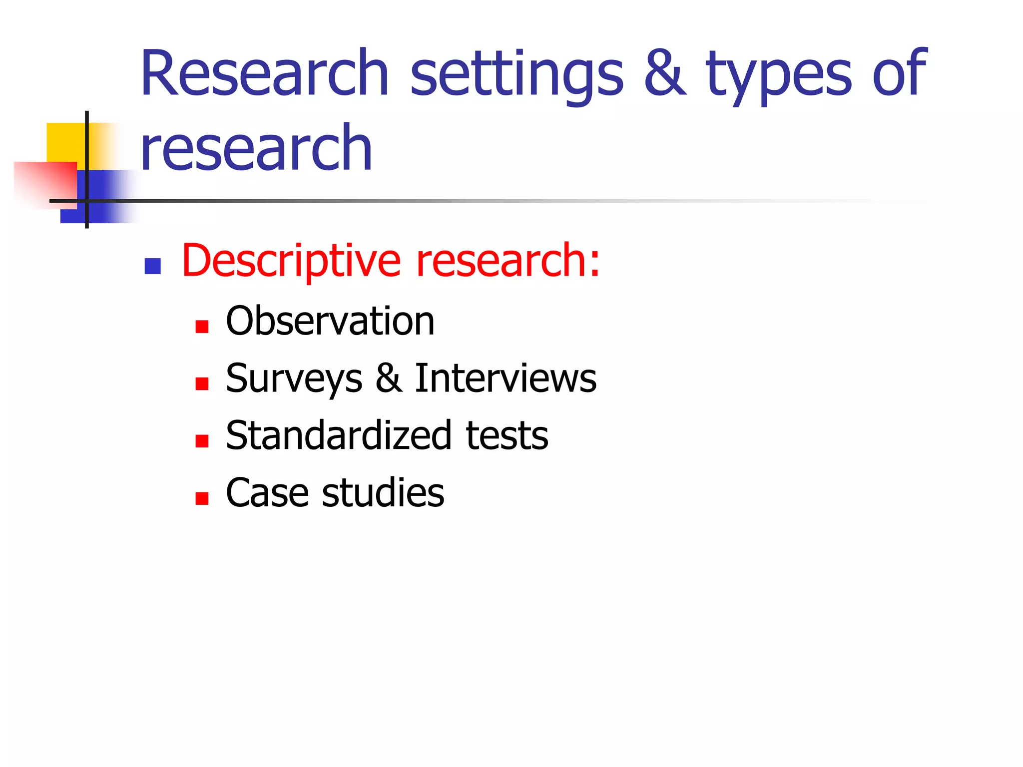 Research settings & types of
research


Descriptive research:






Observation
Surveys & Interviews
Standardized tests
Case studies

 
