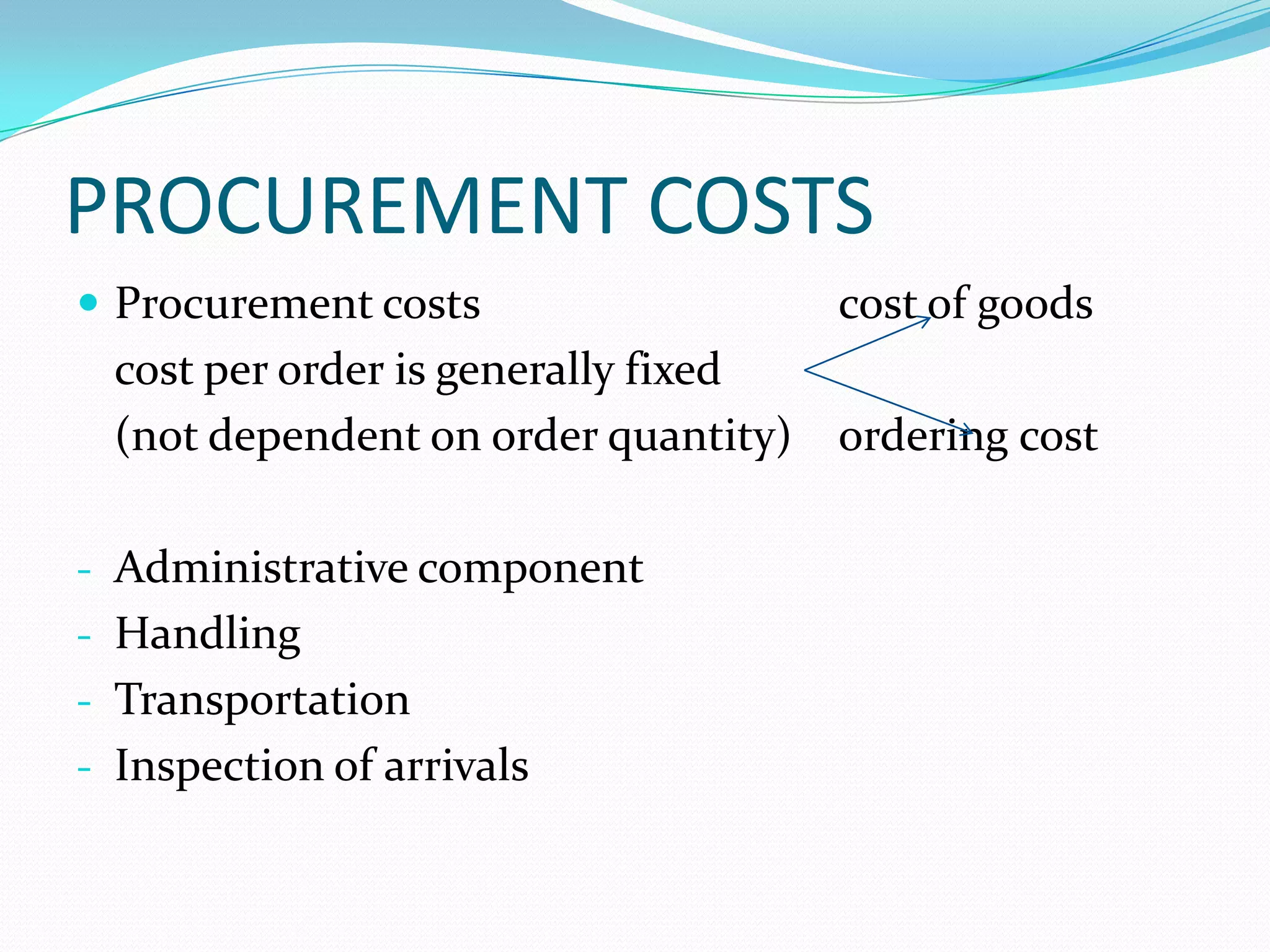 PROCUREMENT COSTS
 Procurement costs cost of goods
cost per order is generally fixed
(not dependent on order quantity) ordering cost
- Administrative component
- Handling
- Transportation
- Inspection of arrivals
 