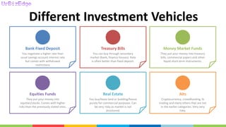 Different Investment Vehicles
Bank Fixed Deposit
You negotiate a higher rate than
usual savings account interest rate
but comes with withdrawal
restrictions
Treasury Bills
You can buy through secondary
market (bank, finance houses). Rate
is often better than fixed deposit.
Money Market Funds
They put your money into treasury
bills, commercial papers and other
liquid short term instruments.
Equities Funds
They put your money into
equities/stocks. Comes with higher
risks than the previously stated ones.
Real Estate
You buy/lease land or building/house
purely for commercial purposes. Can
be very risky as market is not
structured.
Alts
Cryptocurrency, crowdfunding, fx
trading and many others that are not
in the earlier categories. Very very
risky.
 