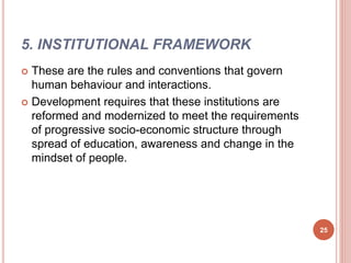 5. INSTITUTIONAL FRAMEWORK
 These are the rules and conventions that govern
human behaviour and interactions.
 Development requires that these institutions are
reformed and modernized to meet the requirements
of progressive socio-economic structure through
spread of education, awareness and change in the
mindset of people.
25
 