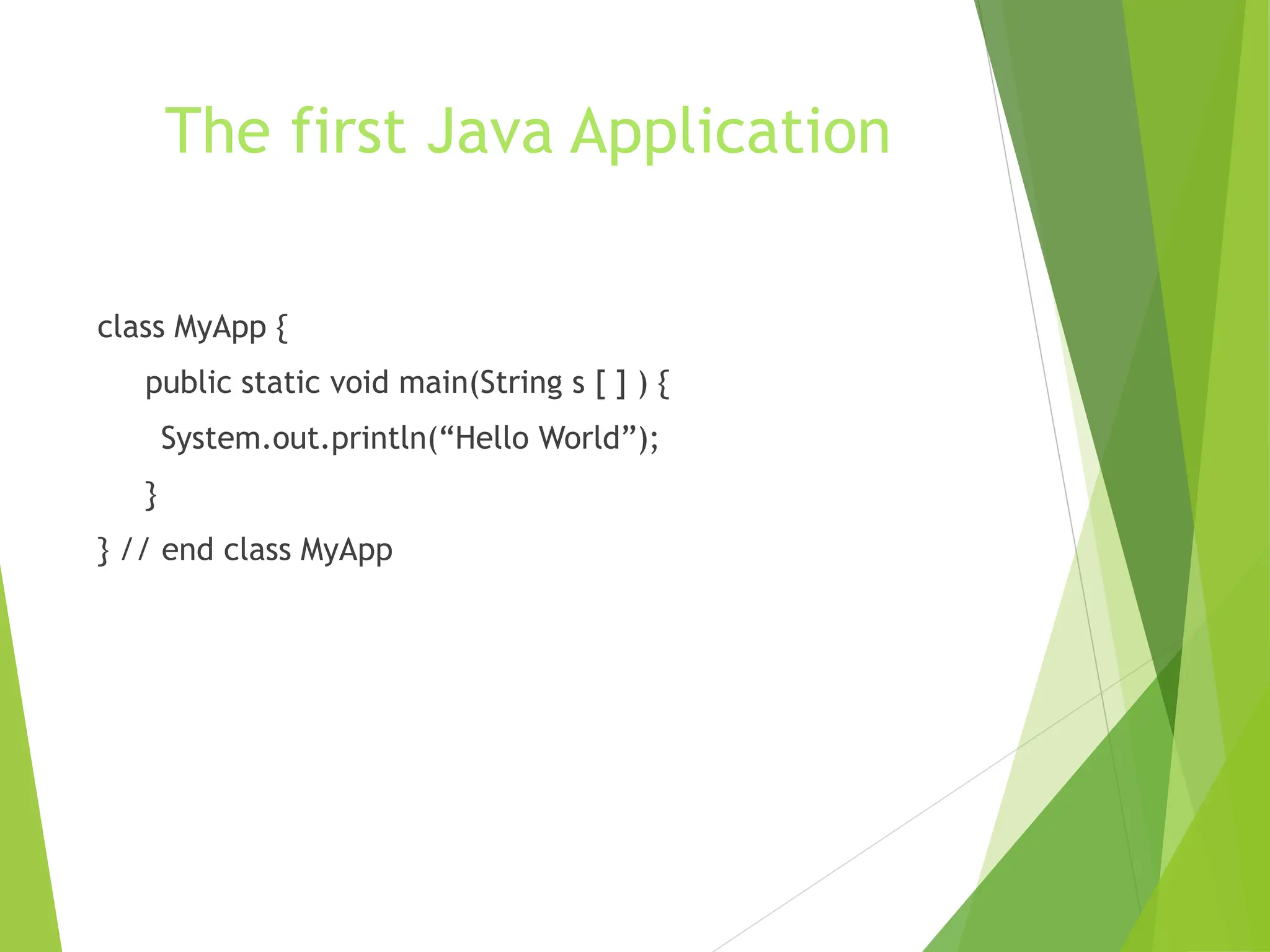 The first Java Application
class MyApp {
public static void main(String s [ ] ) {
System.out.println(“Hello World”);
}
} // end class MyApp
 
