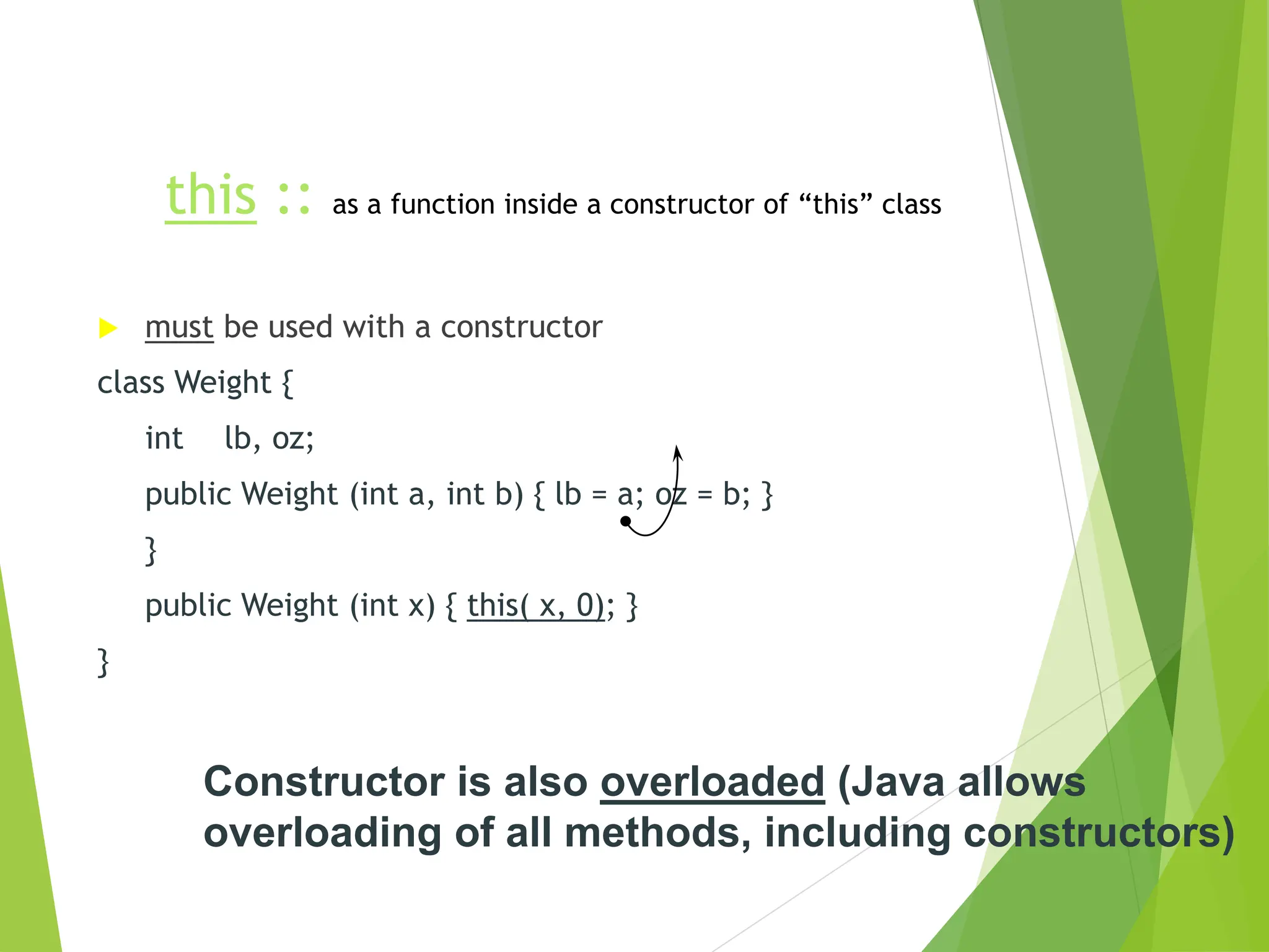 this :: as a function inside a constructor of “this” class
 must be used with a constructor
class Weight {
int lb, oz;
public Weight (int a, int b) { lb = a; oz = b; }
}
public Weight (int x) { this( x, 0); }
}
Constructor is also overloaded (Java allows
overloading of all methods, including constructors)
 