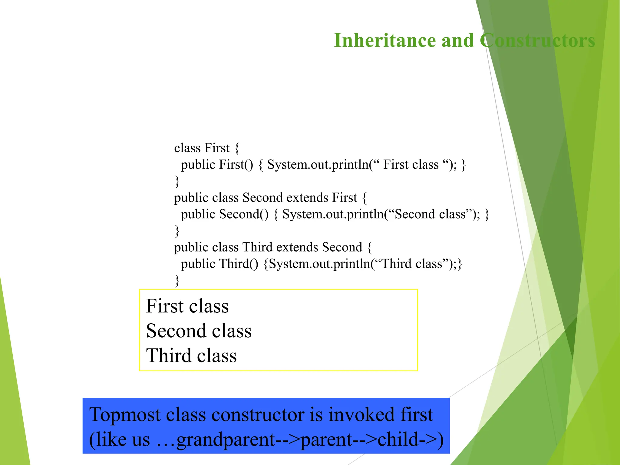 class First {
public First() { System.out.println(“ First class “); }
}
public class Second extends First {
public Second() { System.out.println(“Second class”); }
}
public class Third extends Second {
public Third() {System.out.println(“Third class”);}
}
Inheritance and Constructors
First class
Second class
Third class
Topmost class constructor is invoked first
(like us …grandparent-->parent-->child->)
 