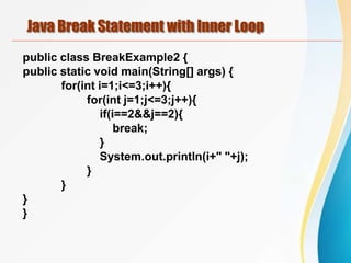 Java Break Statement with Inner Loop
public class BreakExample2 {
public static void main(String[] args) {
for(int i=1;i<=3;i++){
for(int j=1;j<=3;j++){
if(i==2&&j==2){
break;
}
System.out.println(i+" "+j);
}
}
}
}
 