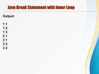 Java Break Statement with Inner Loop
Output:
1 1
1 2
1 3
2 1
3 1
3 2
3 3
 