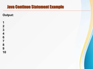 Java Continue Statement Example
Output:
1
2
3
4
6
7
8
9
10
 