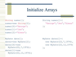 Initialize Arrays
String names[];
names=new String[3];
names[0]=“George”;
names[1]=“Jen”;
names[2]=“Simon”;
MyDate date[];
dates=new MyDate[2];
dates[0]=new
MyDate(22,7,1976);
dates[1]=new
MyDate(22,12,1974);
String names[]={
“George”,”Jen”,”Simon”
};
MyDate dates[]={
new MyDate(22,7,1976),
new MyDate(22,12,1974)
};
 