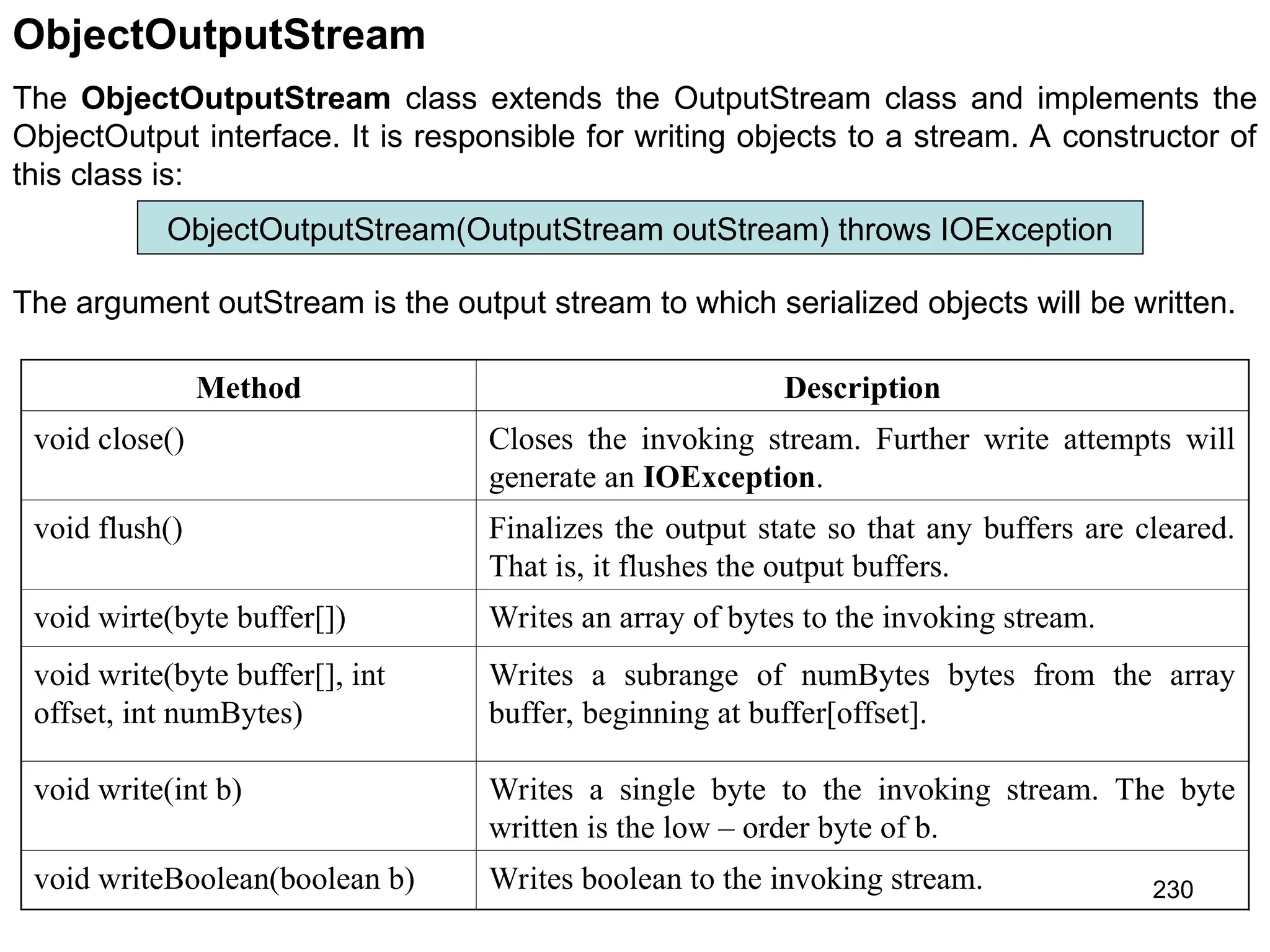 230 ObjectOutputStream The ObjectOutputStream class extends the OutputStream class and implements the ObjectOutput interface. It is responsible for writing objects to a stream. A constructor of this class is: Method Description void close() Closes the invoking stream. Further write attempts will generate an IOException. void flush() Finalizes the output state so that any buffers are cleared. That is, it flushes the output buffers. void wirte(byte buffer[]) Writes an array of bytes to the invoking stream. void write(byte buffer[], int offset, int numBytes) Writes a subrange of numBytes bytes from the array buffer, beginning at buffer[offset]. void write(int b) Writes a single byte to the invoking stream. The byte written is the low – order byte of b. void writeBoolean(boolean b) Writes boolean to the invoking stream. ObjectOutputStream(OutputStream outStream) throws IOException The argument outStream is the output stream to which serialized objects will be written. 