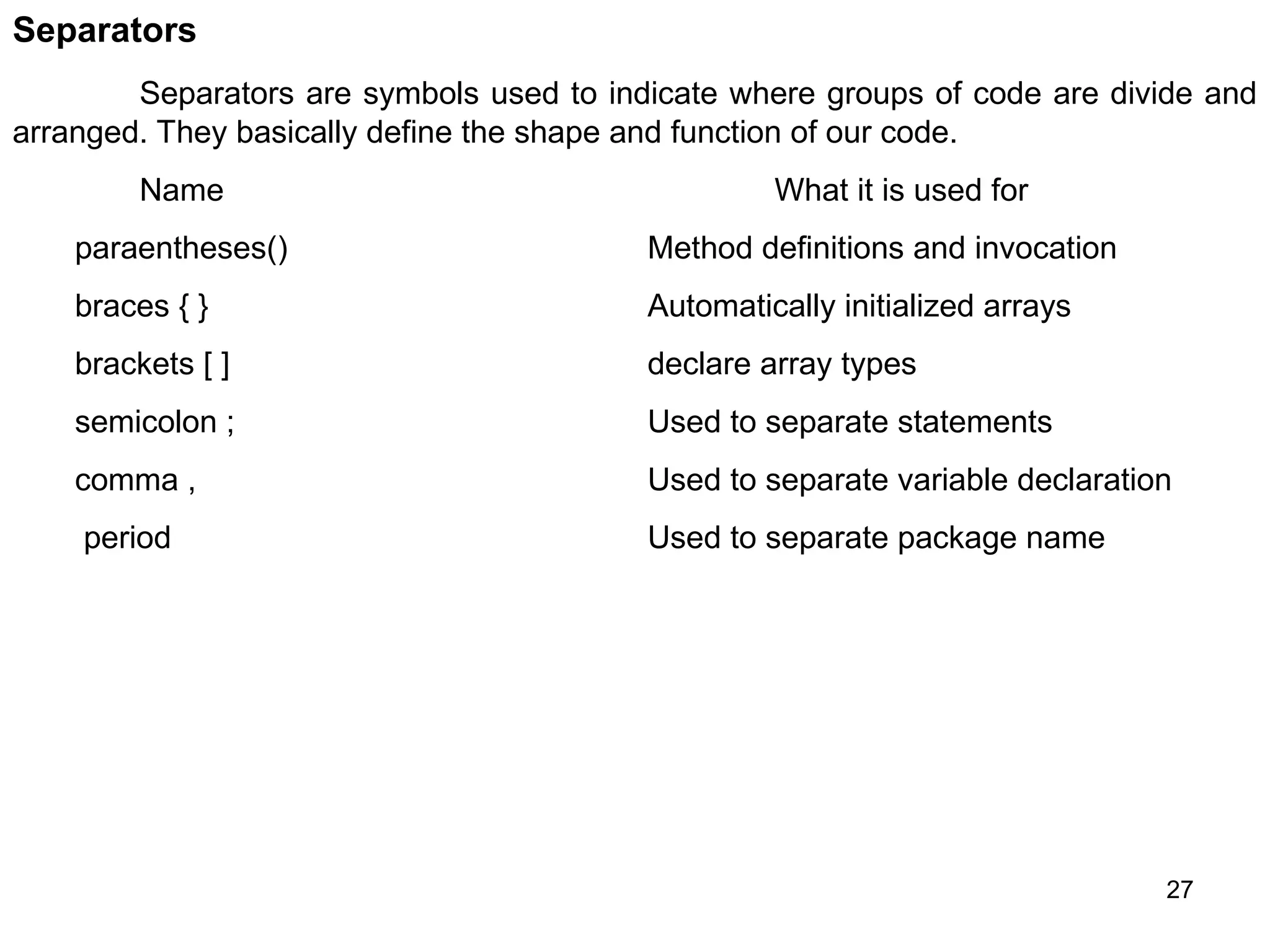 27 Separators Separators are symbols used to indicate where groups of code are divide and arranged. They basically define the shape and function of our code. Name What it is used for paraentheses() Method definitions and invocation braces { } Automatically initialized arrays brackets [ ] declare array types semicolon ; Used to separate statements comma , Used to separate variable declaration period Used to separate package name 