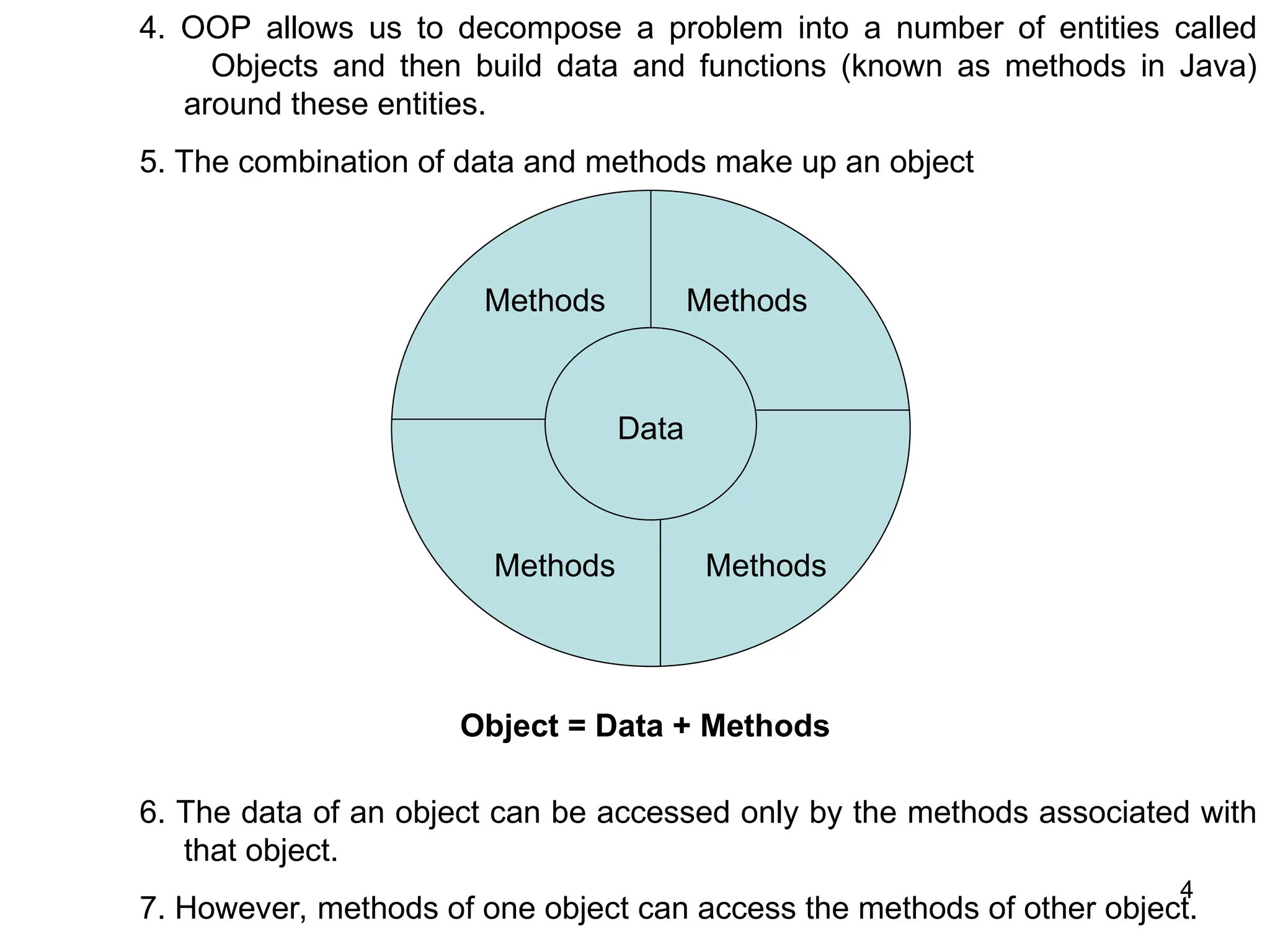 4 4. OOP allows us to decompose a problem into a number of entities called Objects and then build data and functions (known as methods in Java) around these entities. 5. The combination of data and methods make up an object Methods Methods Methods Methods Data Object = Data + Methods 6. The data of an object can be accessed only by the methods associated with that object. 7. However, methods of one object can access the methods of other object. 