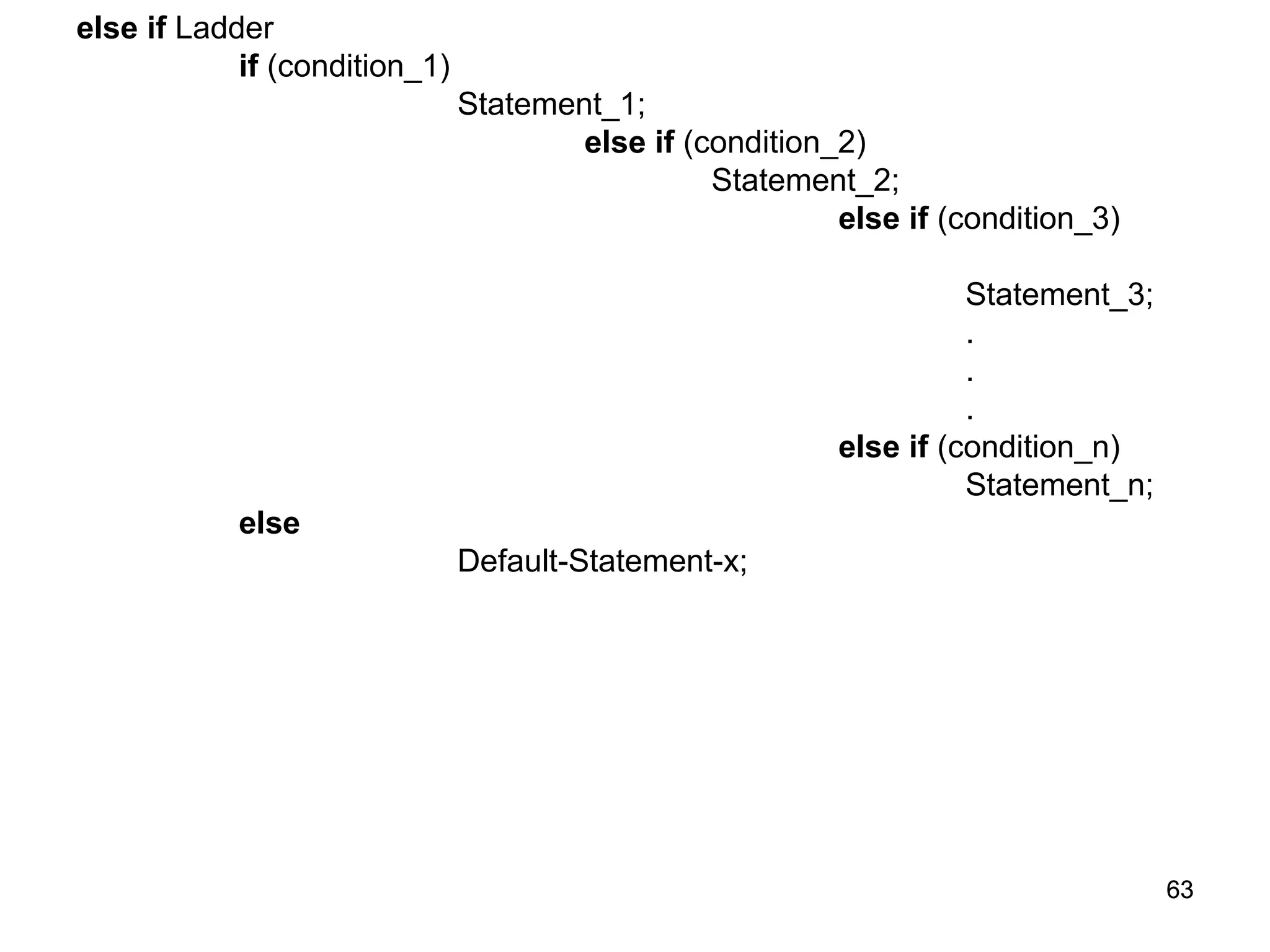 63 63 else if Ladder if (condition_1) Statement_1; else if (condition_2) Statement_2; else if (condition_3) Statement_3; . . . else if (condition_n) Statement_n; else Default-Statement-x; 