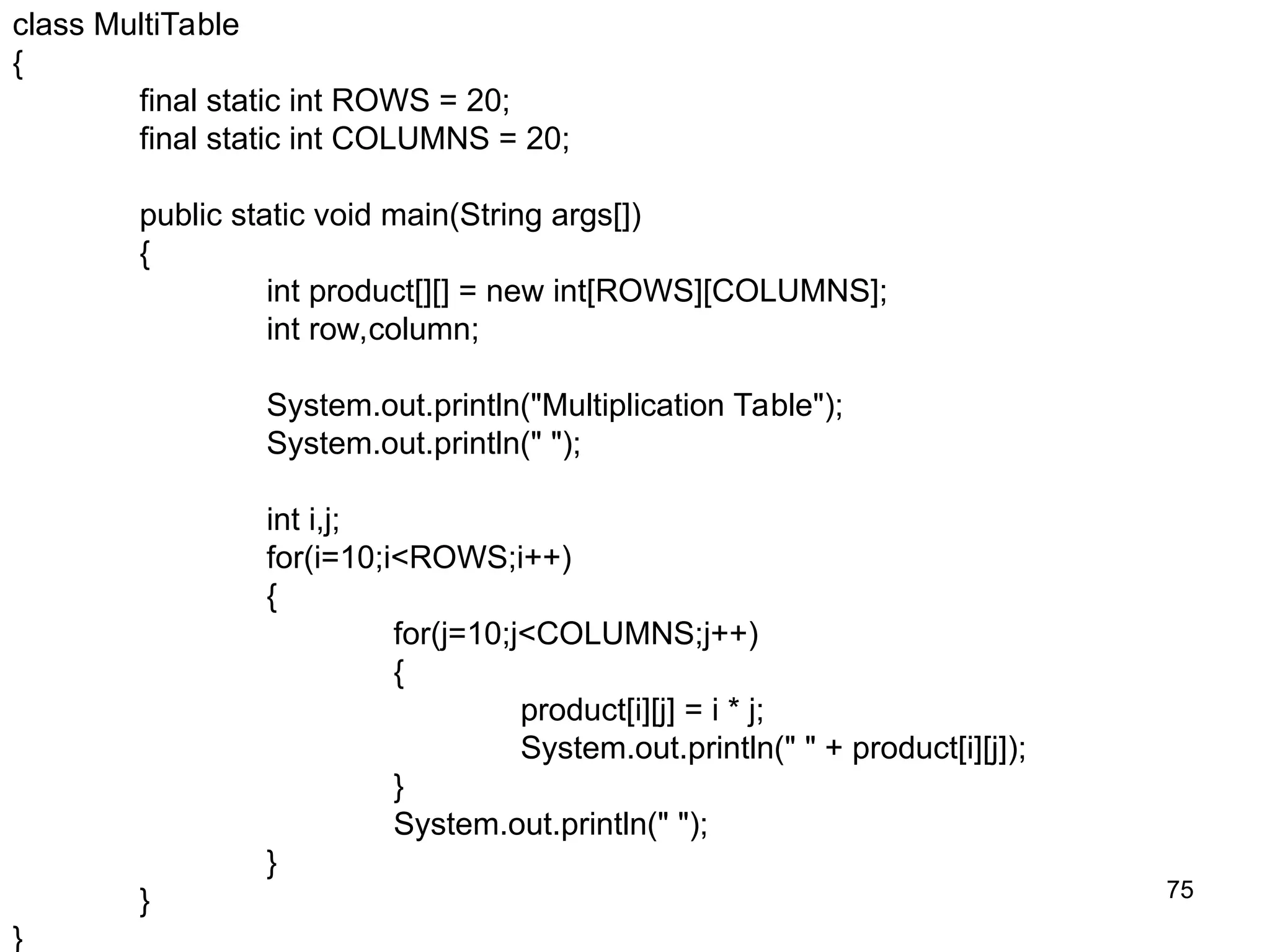 75 class MultiTable { final static int ROWS = 20; final static int COLUMNS = 20; public static void main(String args[]) { int product[][] = new int[ROWS][COLUMNS]; int row,column; System.out.println("Multiplication Table"); System.out.println(" "); int i,j; for(i=10;i<ROWS;i++) { for(j=10;j<COLUMNS;j++) { product[i][j] = i * j; System.out.println(" " + product[i][j]); } System.out.println(" "); } } } 