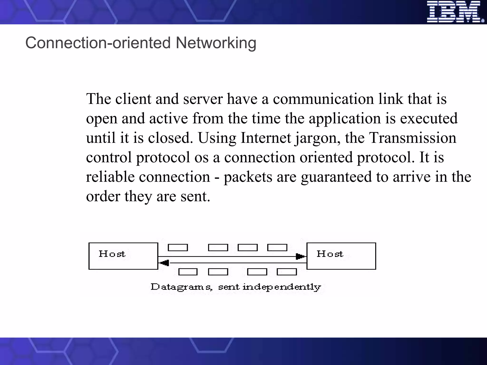 Connection-oriented Networking The client and server have a communication link that is open and active from the time the application is executed until it is closed. Using Internet jargon, the Transmission control protocol os a connection oriented protocol. It is reliable connection - packets are guaranteed to arrive in the order they are sent.                                                                                         