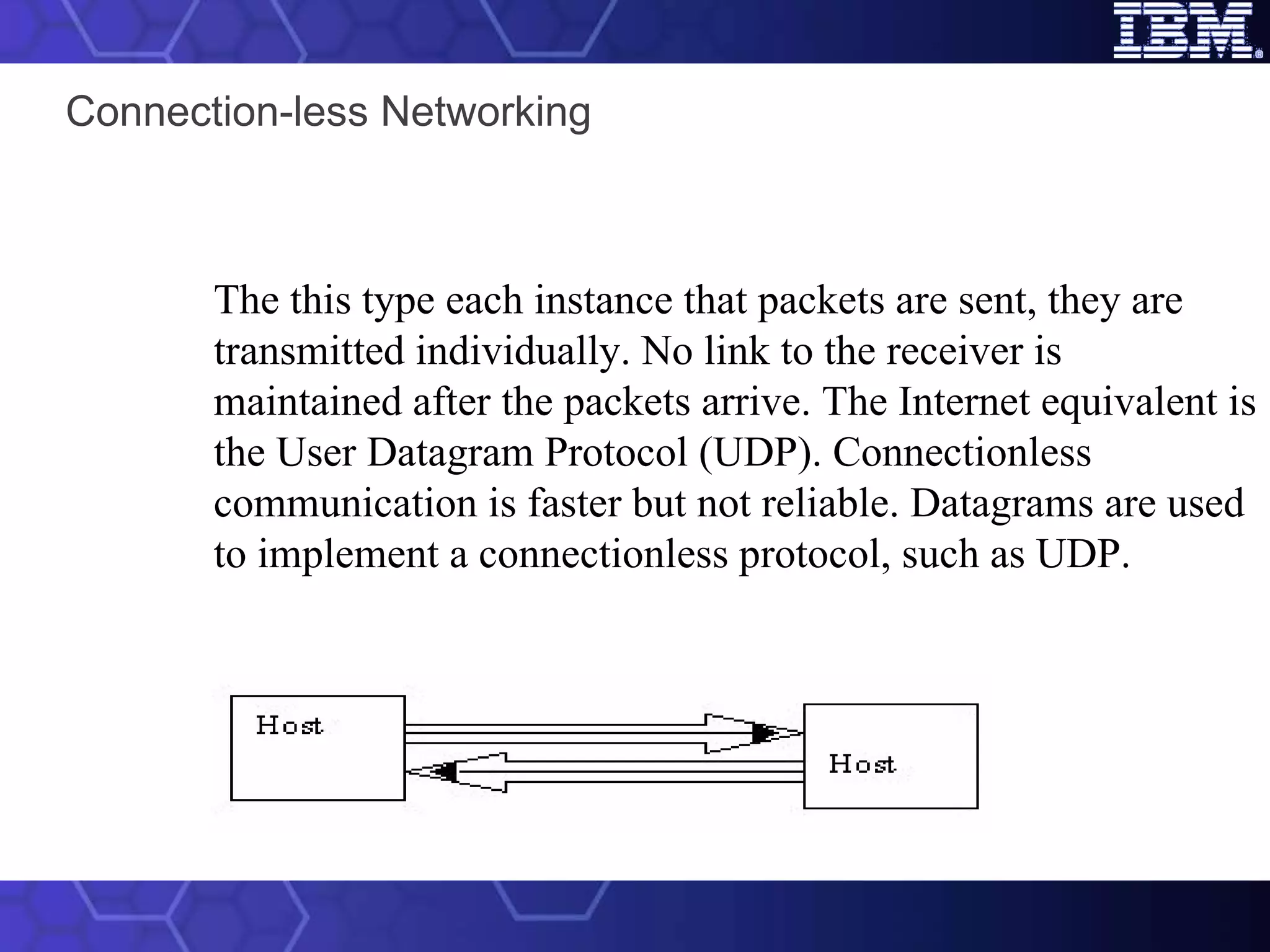 Connection-less Networking The this type each instance that packets are sent, they are transmitted individually. No link to the receiver is maintained after the packets arrive. The Internet equivalent is the User Datagram Protocol (UDP). Connectionless communication is faster but not reliable. Datagrams are used to implement a connectionless protocol, such as UDP.                                                       