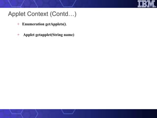 Applet Context (Contd…) Enumeration getApplets() .   Applet getapplet(String name)   