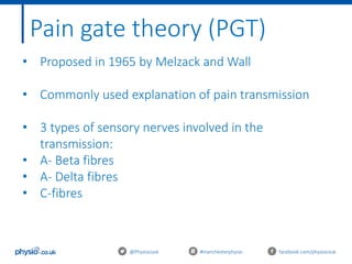 @Physiocouk #manchesterphysio facebook.com/physiocouk
Pain gate theory (PGT)
• Proposed in 1965 by Melzack and Wall
• Commonly used explanation of pain transmission
• 3 types of sensory nerves involved in the
transmission:
• A- Beta fibres
• A- Delta fibres
• C-fibres
 