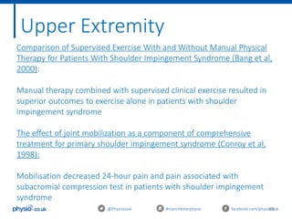 69@Physiocouk #manchesterphysio facebook.com/physiocouk
Upper Extremity
Comparison of Supervised Exercise With and Without Manual Physical
Therapy for Patients With Shoulder Impingement Syndrome (Bang et al,
2000):
Manual therapy combined with supervised clinical exercise resulted in
superior outcomes to exercise alone in patients with shoulder
impingement syndrome
The effect of joint mobilization as a component of comprehensive
treatment for primary shoulder impingement syndrome (Conroy et al,
1998):
Mobilisation decreased 24-hour pain and pain associated with
subacromial compression test in patients with shoulder impingement
syndrome
 