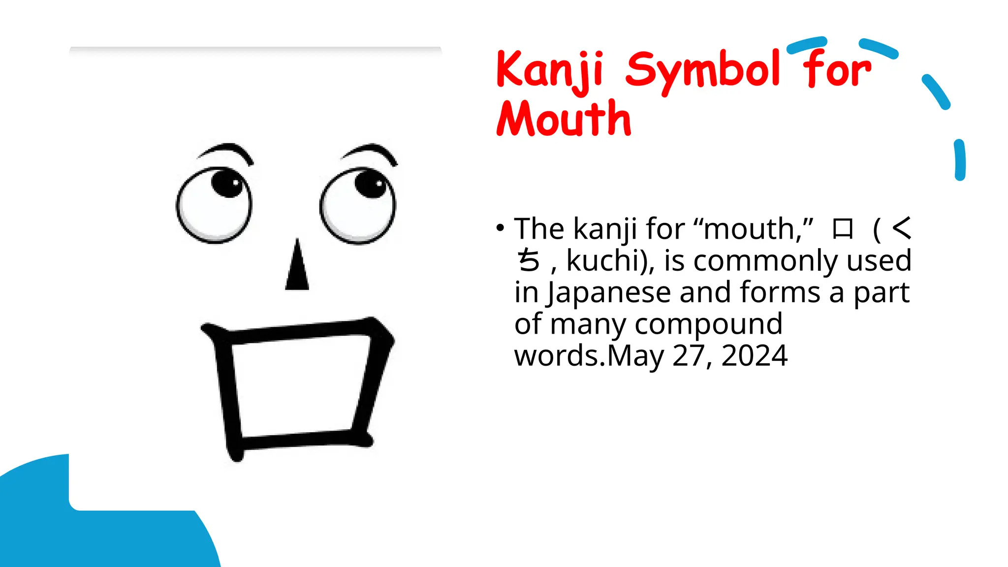 Kanji Symbol for
Mouth
• The kanji for “mouth,” 口 ( く
ち , kuchi), is commonly used
in Japanese and forms a part
of many compound
words.May 27, 2024
 