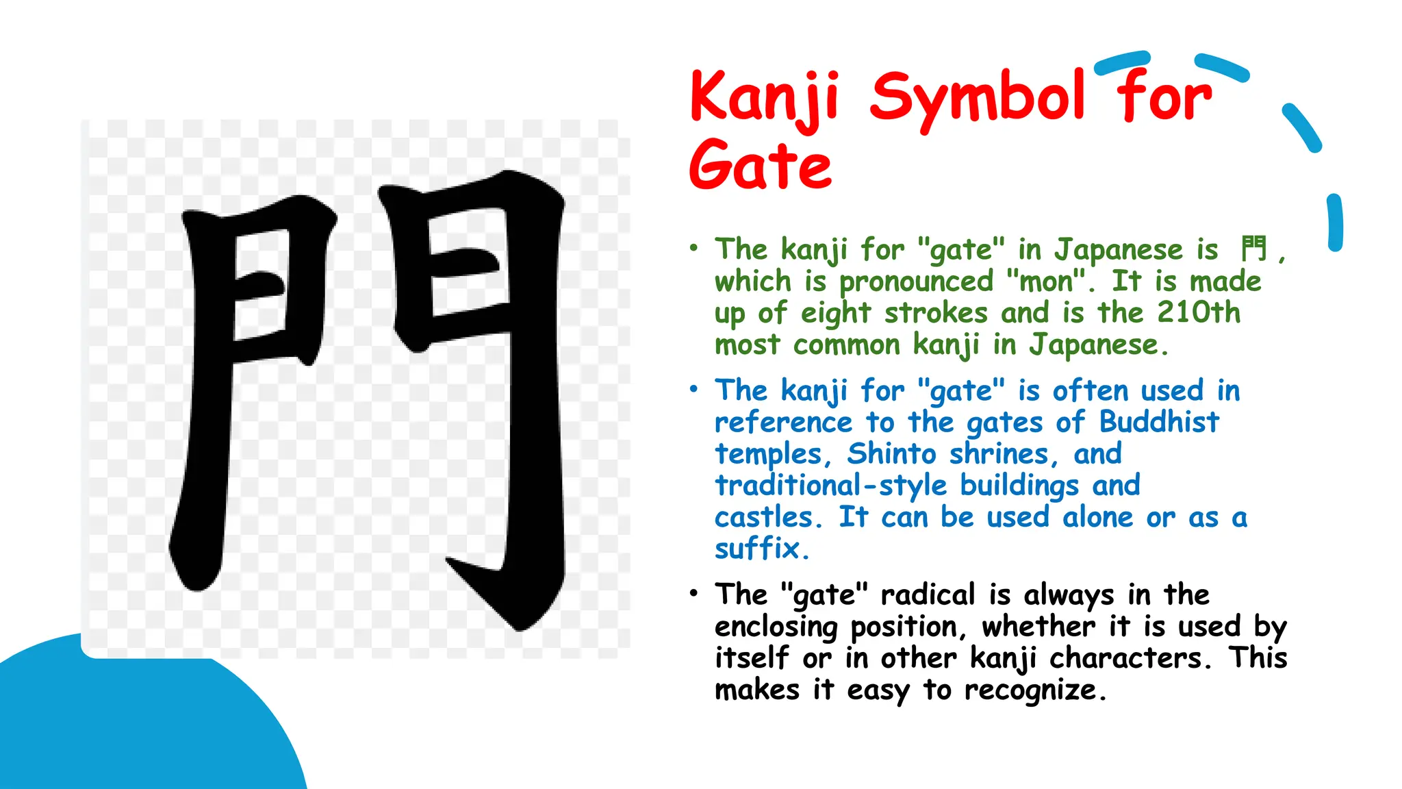 Kanji Symbol for
Gate
• The kanji for "gate" in Japanese is 門 ,
which is pronounced "mon". It is made
up of eight strokes and is the 210th
most common kanji in Japanese.
• The kanji for "gate" is often used in
reference to the gates of Buddhist
temples, Shinto shrines, and
traditional-style buildings and
castles. It can be used alone or as a
suffix.
• The "gate" radical is always in the
enclosing position, whether it is used by
itself or in other kanji characters. This
makes it easy to recognize.
 