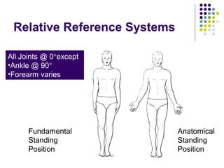Relative Reference Systems

All Joints @ 0°except
•Ankle @ 90°
•Forearm varies




      Fundamental             Anatomical
      Standing                Standing
      Position                Position
 