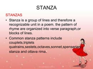 STANZA
STANZAS
• Stanza is a group of lines and therefore a
recognizable unit in a poem. the pattern of
rhyme are organized into verse paragraph,or
blocks of lines.
• Common stanza patterns include
couplets,triplets
quatrains,sestets,octaves,sonnet,spenserian
stanza and ottava rima.

 