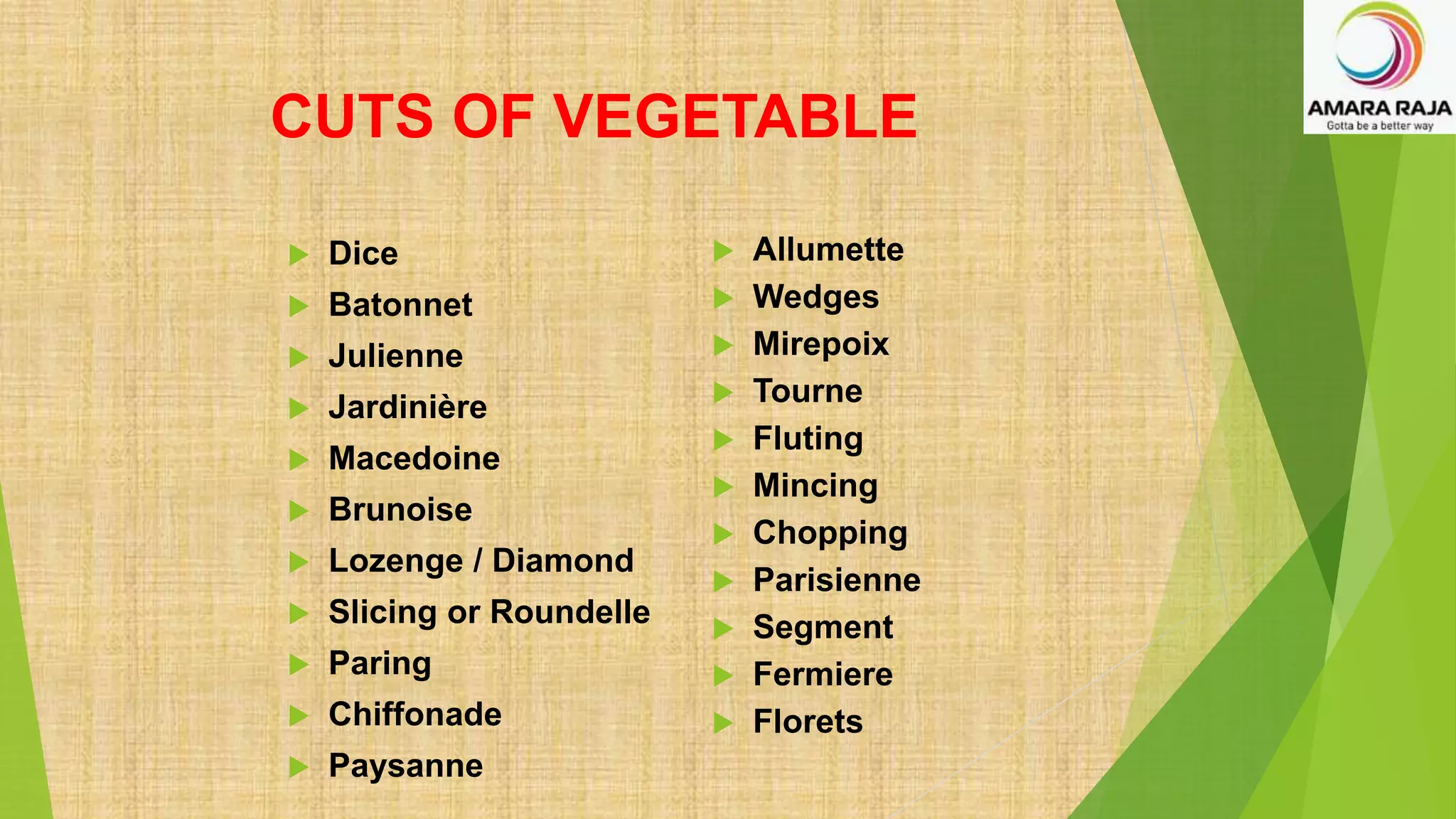 CUTS OF VEGETABLE
 Dice
 Batonnet
 Julienne
 Jardinière
 Macedoine
 Brunoise
 Lozenge / Diamond
 Slicing or Roundelle
 Paring
 Chiffonade
 Paysanne
 Allumette
 Wedges
 Mirepoix
 Tourne
 Fluting
 Mincing
 Chopping
 Parisienne
 Segment
 Fermiere
 Florets
 