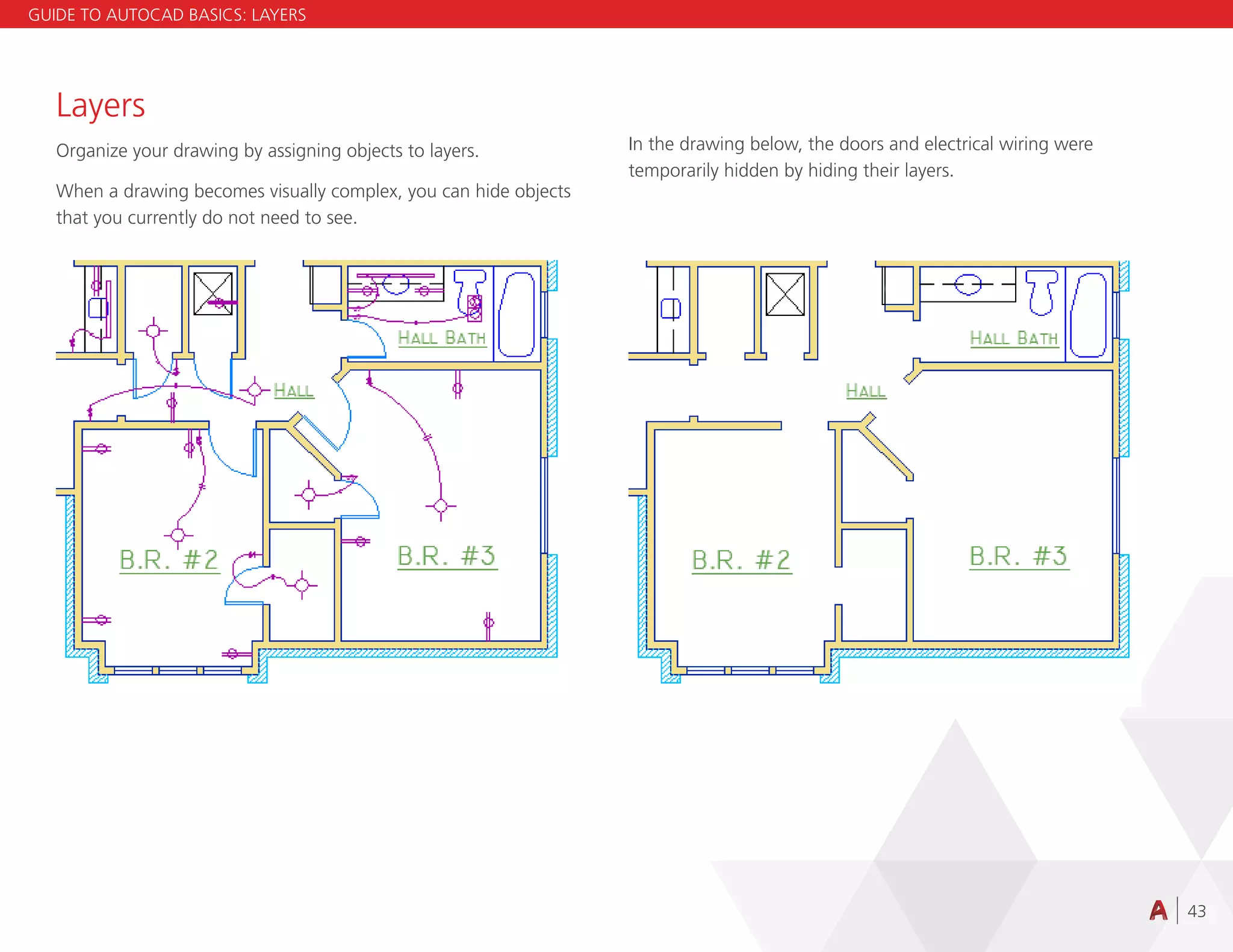 43
Layers
Organize your drawing by assigning objects to layers.
When a drawing becomes visually complex, you can hide objects
that you currently do not need to see.
In the drawing below, the doors and electrical wiring were
temporarily hidden by hiding their layers.
GUIDE TO AUTOCAD BASICS: LAYERS
 