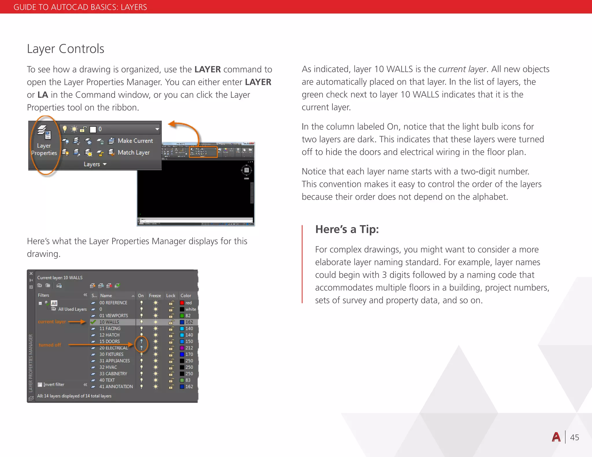 45
Layer Controls
To see how a drawing is organized, use the LAYER command to
open the Layer Properties Manager. You can either enter LAYER
or LA in the Command window, or you can click the Layer
Properties tool on the ribbon.
Here’s what the Layer Properties Manager displays for this
drawing.
As indicated, layer 10 WALLS is the current layer. All new objects
are automatically placed on that layer. In the list of layers, the
green check next to layer 10 WALLS indicates that it is the
current layer.
In the column labeled On, notice that the light bulb icons for
two layers are dark. This indicates that these layers were turned
off to hide the doors and electrical wiring in the floor plan.
Notice that each layer name starts with a two-digit number.
This convention makes it easy to control the order of the layers
because their order does not depend on the alphabet.
Here’s a Tip:
For complex drawings, you might want to consider a more
elaborate layer naming standard. For example, layer names
could begin with 3 digits followed by a naming code that
accommodates multiple floors in a building, project numbers,
sets of survey and property data, and so on.
GUIDE TO AUTOCAD BASICS: LAYERS
 