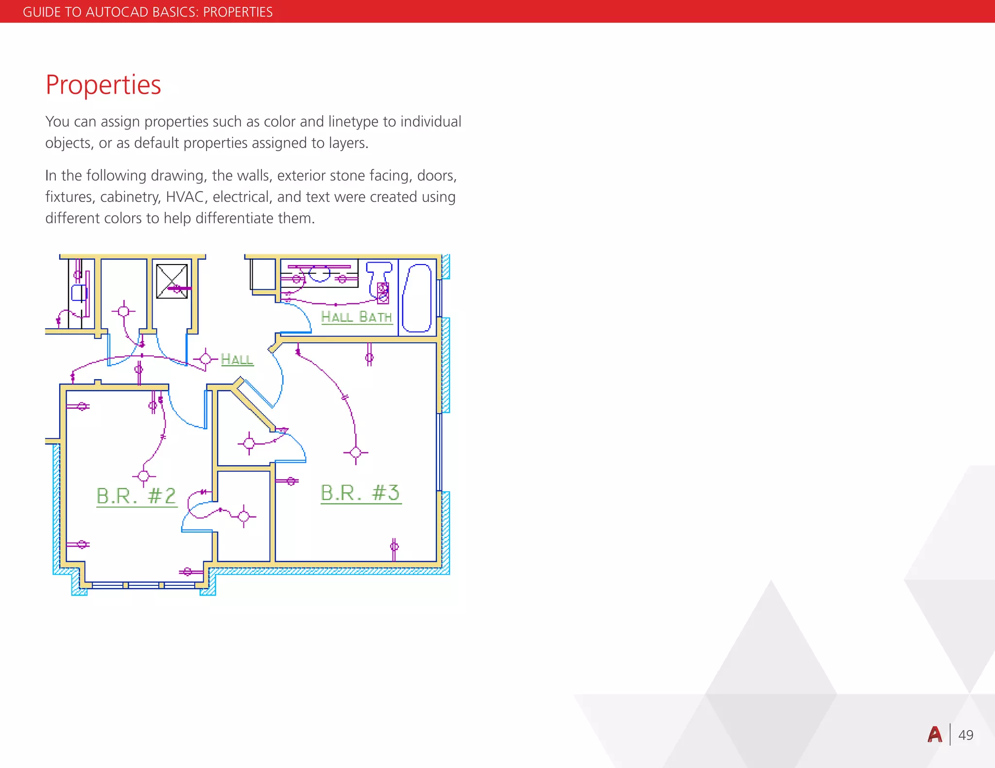 49
Properties
You can assign properties such as color and linetype to individual
objects, or as default properties assigned to layers.
In the following drawing, the walls, exterior stone facing, doors,
fixtures, cabinetry, HVAC, electrical, and text were created using
different colors to help differentiate them.
GUIDE TO AUTOCAD BASICS: PROPERTIES
 