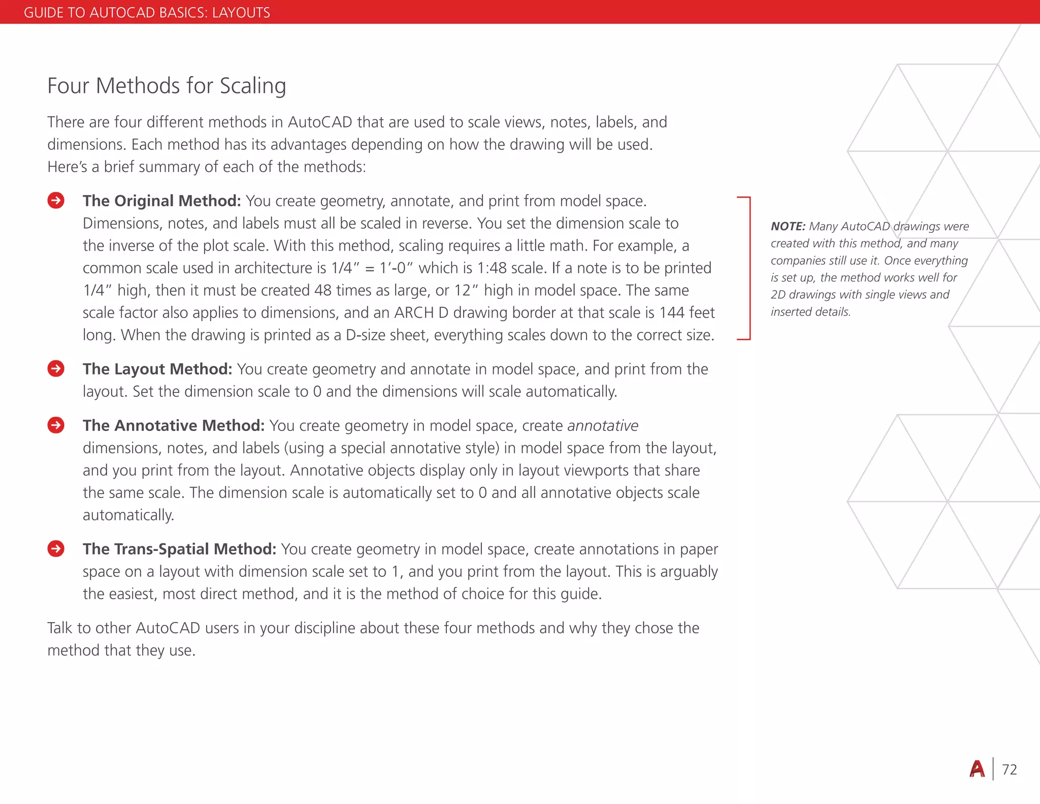 72
4.3 VIEWING
Four Methods for Scaling
There are four different methods in AutoCAD that are used to scale views, notes, labels, and
dimensions. Each method has its advantages depending on how the drawing will be used.
Here’s a brief summary of each of the methods:

	
The Original Method: You create geometry, annotate, and print from model space.
Dimensions, notes, and labels must all be scaled in reverse. You set the dimension scale to
the inverse of the plot scale. With this method, scaling requires a little math. For example, a
common scale used in architecture is 1/4” = 1’-0” which is 1:48 scale. If a note is to be printed
1/4” high, then it must be created 48 times as large, or 12” high in model space. The same
scale factor also applies to dimensions, and an ARCH D drawing border at that scale is 144 feet
long. When the drawing is printed as a D-size sheet, everything scales down to the correct size.

	
The Layout Method: You create geometry and annotate in model space, and print from the
layout. Set the dimension scale to 0 and the dimensions will scale automatically.
 
The Annotative Method: You create geometry in model space, create annotative
dimensions, notes, and labels (using a special annotative style) in model space from the layout,
and you print from the layout. Annotative objects display only in layout viewports that share
the same scale. The dimension scale is automatically set to 0 and all annotative objects scale
automatically.

	
The Trans-Spatial Method: You create geometry in model space, create annotations in paper
space on a layout with dimension scale set to 1, and you print from the layout. This is arguably
the easiest, most direct method, and it is the method of choice for this guide.
Talk to other AutoCAD users in your discipline about these four methods and why they chose the
method that they use.
GUIDE TO AUTOCAD BASICS: LAYOUTS
NOTE: Many AutoCAD drawings were
created with this method, and many
companies still use it. Once everything
is set up, the method works well for
2D drawings with single views and
inserted details.
 