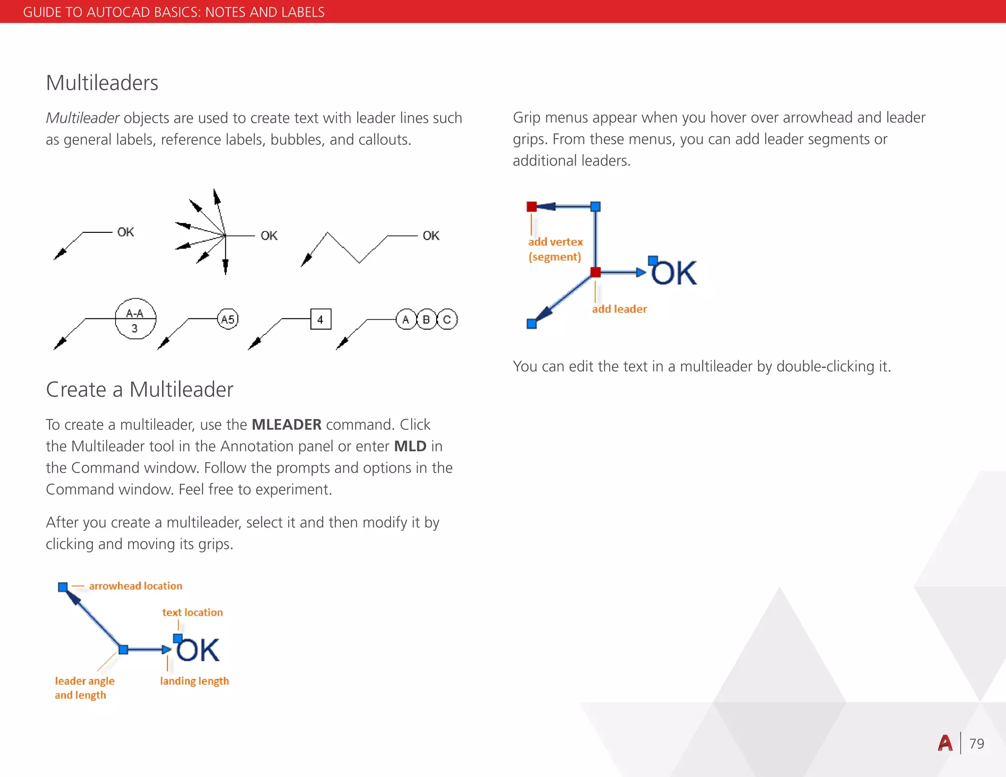 79
Multileaders
Multileader objects are used to create text with leader lines such
as general labels, reference labels, bubbles, and callouts.
Create a Multileader
To create a multileader, use the MLEADER command. Click
the Multileader tool in the Annotation panel or enter MLD in
the Command window. Follow the prompts and options in the
Command window. Feel free to experiment.
After you create a multileader, select it and then modify it by
clicking and moving its grips.
Grip menus appear when you hover over arrowhead and leader
grips. From these menus, you can add leader segments or
additional leaders.
You can edit the text in a multileader by double-clicking it.
GUIDE TO AUTOCAD BASICS: NOTES AND LABELS
 