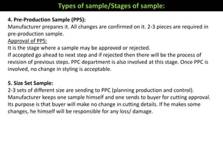 4. Pre-Production Sample (PPS):
Manufacturer prepares it. All changes are confirmed on it. 2-3 pieces are required in
pre-production sample.
Approval of PPS:
It is the stage where a sample may be approved or rejected.
If accepted go ahead to next step and if rejected then there will be the process of
revision of previous steps. PPC department is also involved at this stage. Once PPC is
involved, no change in styling is acceptable.
5. Size Set Sample:
2-3 sets of different size are sending to PPC (planning production and control).
Manufacturer keeps one sample himself and one sends to buyer for cutting approval.
Its purpose is that buyer will make no change in cutting details. If he makes some
changes, he himself will be responsible for any loss/ damage.
Types of sample/Stages of sample:
 