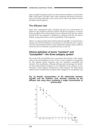 after overnight incubation is known as the minimum inhibitory concentration
(MIC) of the agent. This MIC value is then compared with known concentra-
tions of the drug obtainable in the serum and in other body ﬂuids to assess
the likely clinical response.
The diffusion test
Paper discs, impregnated with a speciﬁed amount of an antimicrobial, are
placed on agar medium uniformly seeded with the test organism. A concen-
tration gradient of the antimicrobial forms by diffusion from the disc and the
growth of the test organism is inhibited at a distance from the disc that is
related, among other factors, to the susceptibility of the organism.
There is an approximately linear relation between log MIC, as measured by a
dilution test, and the inhibition zone diameter in the diffusion test. A regres-
sion line expressing this relation can be obtained by testing a large number of
strains by the two methods in parallel (see Fig. 12 and 13).
Clinical deﬁnition of terms “resistant” and
“susceptible”—the three-category system
The result of the susceptibility test, as reported to the clinician, is the classiﬁ-
cation of the microorganism in one of two or more categories of susceptibil-
ity. The simplest system comprises only two categories: susceptible and
resistant. This classiﬁcation, although offering many advantages for statisti-
cal and epidemiological purposes, is too inﬂexible for the clinician to use.
Therefore, a three-category classiﬁcation is often adopted. The Kirby–Bauer
method and its modiﬁcations recognize three categories of susceptibility and
104
Fig. 12. Graphic representation of the relationship between
log2 MIC and the inhibition zone diameter obtained by the
diffusion test using discs containing a single concentration of
antimicrobial
ANTIMICROBIAL SUSCEPTIBILITY TESTING
BLM1 1/17/04 2:02 PM Page 104
 