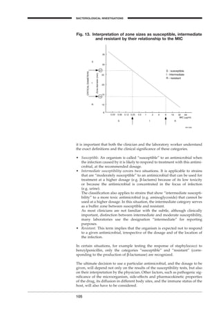 105
BACTERIOLOGICAL INVESTIGATIONS
A
it is important that both the clinician and the laboratory worker understand
the exact deﬁnitions and the clinical signiﬁcance of these categories.
• Susceptible. An organism is called “susceptible” to an antimicrobial when
the infection caused by it is likely to respond to treatment with this antimi-
crobial, at the recommended dosage.
• Intermediate susceptibility covers two situations. It is applicable to strains
that are “moderately susceptible” to an antimicrobial that can be used for
treatment at a higher dosage (e.g. b-lactams) because of its low toxicity
or because the antimicrobial is concentrated in the focus of infection
(e.g. urine).
The classiﬁcation also applies to strains that show “intermediate suscepti-
bility” to a more toxic antimicrobial (e.g. aminoglycoside) that cannot be
used at a higher dosage. In this situation, the intermediate category serves
as a buffer zone between susceptible and resistant.
As most clinicians are not familiar with the subtle, although clinically
important, distinction between intermediate and moderate susceptibility,
many laboratories use the designation “intermediate” for reporting
purposes.
• Resistant. This term implies that the organism is expected not to respond
to a given antimicrobial, irrespective of the dosage and of the location of
the infection.
In certain situations, for example testing the response of staphylococci to
benzylpenicillin, only the categories “susceptible” and “resistant” (corre-
sponding to the production of b-lactamase) are recognized.
The ultimate decision to use a particular antimicrobial, and the dosage to be
given, will depend not only on the results of the susceptibility tests, but also
on their interpretation by the physician. Other factors, such as pathogenic sig-
niﬁcance of the microorganism, side-effects and pharmacokinetic properties
of the drug, its diffusion in different body sites, and the immune status of the
host, will also have to be considered.
Fig. 13. Interpretation of zone sizes as susceptible, intermediate
and resistant by their relationship to the MIC
BLM1 1/17/04 2:02 PM Page 105
 