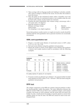 129
BACTERIOLOGICAL INVESTIGATIONS
A
3. Take a syringe with an 18-gauge needle and, holding it vertically, carefully
add 1 drop of antigen (1/60ml) to the serum. Do not allow the needle to
touch the serum.
4. Place the plates on the mechanical rotator under a humidity cover and
rotate for 4 minutes. If a mechanical rotator is not available rotate the card
by hand with a steady circular motion for 4 minutes.
5. Examine the plate immediately after rotation using a microscope with a
¥10 ocular and a ¥10 objective.
6. Read the reactions as follows:
Medium and large clumps R Reactive
Small clumps W Weakly reactive
No clumping or very slight roughness N Non-reactive
Serum that produces weakly reactive or rough non-reactive results should be
retested with the semi-quantitative test as prozone reactions are occasionally
encountered.
VDRL semi-quantitative test
1. Prepare a two-fold serial dilution of inactivated serum in 0.85% saline
(1:2, 1:4, 1:8, 1:16, 1:32).
2. Test each serum dilution using the qualitative test procedure.
3. Report the results in terms of the highest serum dilution that produces
a reactive (not weakly reactive) result in accordance with the following
examples:
Dilution Report
Undiluted
serum 1:2 1:4 1:8 1:16 1:32
W N N N N N Weakly reactive, undiluted
R W N N N N Reactive, undiluted
R R W N N N Reactive, 1:2 dilution
R R R W N N Reactive, 1:4 dilution
W W R R W N Reactive, 1:8 dilution
N (rough) W R R R N Reactive, 1:16 dilution
W: weakly reactive; R: reactive; N: non-reactive.
4. If reactive results are obtained up to dilution 1:32, prepare further twofold
serial dilutions in 0.85% saline (1:64, 1:128 and 1:256) and retest using the
qualitative test procedure.
RPR test
The antigen suspension in the RPR test contains charcoal particles to allow
for macroscopically visible ﬂocculation. The main differences between the
RPR test and the VDRL test are that it uses a stabilized antigen, cards instead
of plates, and serum as well as plasma, and the serum does not need to be
heated. As only a small amount of sample is required, plasma or serum from
capillary blood can also be used. The RPR test cannot be used to test cere-
brospinal ﬂuid.
BLM1 1/17/04 2:02 PM Page 129
 