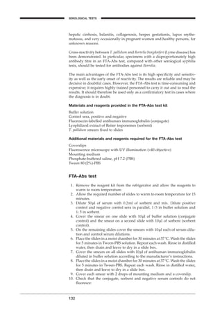 hepatic cirrhosis, balanitis, collagenosis, herpes gestationis, lupus erythe-
matosus, and very occasionally in pregnant women and healthy persons, for
unknown reasons.
Cross-reactivity between T. pallidum and Borrelia burgdorferi (Lyme disease) has
been demonstrated. In particular, specimens with a disproportionately high
antibody titre in an FTA-Abs test, compared with other serological syphilis
tests, should be tested for antibodies against Borrelia.
The main advantages of the FTA-Abs test is its high speciﬁcity and sensitiv-
ity as well as the early onset of reactivity. The results are reliable and may be
decisive in doubtful cases. However, the FTA-Abs test is time-consuming and
expensive; it requires highly trained personnel to carry it out and to read the
results. It should therefore be used only as a conﬁrmatory test in cases where
the diagnosis is in doubt.
Materials and reagents provided in the FTA-Abs test kit
Buffer solution
Control sera, positive and negative
Fluorescein-labelled antihuman immunoglobulin (conjugate)
Lyophilized extract of Reiter treponemes (sorbent)
T. pallidum smears ﬁxed to slides
Additional materials and reagents required for the FTA-Abs test
Coverslips
Fluorescence microscope with UV illumination (¥40 objective)
Mounting medium
Phosphate-buffered saline, pH 7.2 (PBS)
Tween 80 (2%)-PBS
FTA-Abs test
1. Remove the reagent kit from the refrigerator and allow the reagents to
warm to room temperature.
2. Allow the required number of slides to warm to room temperature for 15
minutes.
3. Dilute 50ml of serum with 0.2ml of sorbent and mix. Dilute positive
control and negative control sera in parallel, 1:5 in buffer solution and
1:5 in sorbent.
4. Cover the smear on one slide with 10ml of buffer solution (conjugate
control) and the smear on a second slide with 10ml of sorbent (sorbent
control).
5. On the remaining slides cover the smears with 10ml each of serum dilu-
tion and control serum dilutions.
6. Place the slides in a moist chamber for 30 minutes at 37∞C. Wash the slides
for 5 minutes in Tween-PBS solution. Repeat each wash. Rinse in distilled
water, then drain and leave to dry in a slide box.
7. Cover the smears on all slides with 10ml of antihuman immunoglobulin
diluted in buffer solution according to the manufacturer’s instructions.
8. Place the slides in a moist chamber for 30 minutes at 37∞C. Wash the slides
for 5 minutes in Tween-PBS. Repeat each wash. Rinse in distilled water,
then drain and leave to dry in a slide box.
9. Cover each smear with 2 drops of mounting medium and a coverslip.
10. Check that the conjugate, sorbent and negative serum controls do not
ﬂuoresce:
132
SEROLOGICAL TESTS
BLM1 1/17/04 2:02 PM Page 132
 