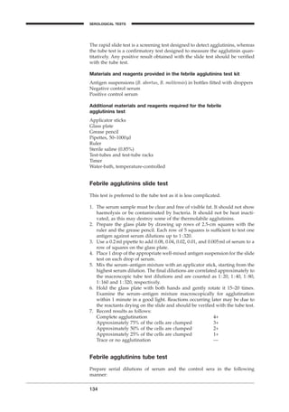 The rapid slide test is a screening test designed to detect agglutinins, whereas
the tube test is a conﬁrmatory test designed to measure the agglutinin quan-
titatively. Any positive result obtained with the slide test should be veriﬁed
with the tube test.
Materials and reagents provided in the febrile agglutinins test kit
Antigen suspensions (B. abortus, B. melitensis) in bottles ﬁtted with droppers
Negative control serum
Positive control serum
Additional materials and reagents required for the febrile
agglutinins test
Applicator sticks
Glass plate
Grease pencil
Pipettes, 50–1000ml
Ruler
Sterile saline (0.85%)
Test-tubes and test-tube racks
Timer
Water-bath, temperature-controlled
Febrile agglutinins slide test
This test is preferred to the tube test as it is less complicated.
1. The serum sample must be clear and free of visible fat. It should not show
haemolysis or be contaminated by bacteria. It should not be heat inacti-
vated, as this may destroy some of the thermolabile agglutinins.
2. Prepare the glass plate by drawing up rows of 2.5-cm squares with the
ruler and the grease pencil. Each row of 5 squares is sufﬁcient to test one
antigen against serum dilutions up to 1:320.
3. Use a 0.2ml pipette to add 0.08, 0.04, 0.02, 0.01, and 0.005ml of serum to a
row of squares on the glass plate.
4. Place 1 drop of the appropriate well-mixed antigen suspension for the slide
test on each drop of serum.
5. Mix the serum–antigen mixture with an applicator stick, starting from the
highest serum dilution. The ﬁnal dilutions are correlated approximately to
the macroscopic tube test dilutions and are counted as 1:20, 1:40, 1:80,
1:160 and 1:320, respectively.
6. Hold the glass plate with both hands and gently rotate it 15–20 times.
Examine the serum–antigen mixture macroscopically for agglutination
within 1 minute in a good light. Reactions occurring later may be due to
the reactants drying on the slide and should be veriﬁed with the tube test.
7. Record results as follows:
Complete agglutination 4+
Approximately 75% of the cells are clumped 3+
Approximately 50% of the cells are clumped 2+
Approximately 25% of the cells are clumped 1+
Trace or no agglutination —
Febrile agglutinins tube test
Prepare serial dilutions of serum and the control sera in the following
manner:
134
SEROLOGICAL TESTS
BLM1 1/17/04 2:02 PM Page 134
 