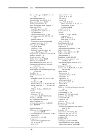 Bile–aesculin agar 11, 23, 29, 64, 146,
150
Bile stimulation test 101
Bismuth sulﬁte agar (BSA) 44, 48
Bites, animal/human 88, 96
Blastomyces dermatitidis 92
Blind subcultures, blood samples 23
Blood agar 27–29,
anaerobic specimens 100
Corynebacterium diphtheriae 64
CSF specimens 27
Haemophilus inﬂuenzae 29, 149
priority grading 144–145, 148–150,
155
sputum culture 69
Streptococcus pyogenes culture 63
surgical specimens 92–93
Blood specimens 20–24
collection 20–22
culture 21, 22–24
diagnostic reagents/media 144
expected pathogens 144
Body cavities, purulent exudates 87, 90
Bordetella pertussis 126
Borrelia burgdorferi 132
Bottles, blood-culture 22–23
Botulism, wound 88, 98
Brain heart infusion broth 144, 151
Branhamella catarrhalis, see Moraxella
catarrhalis
Brolacin agar 145, 150
Bromothymol blue–lactose–cystine agar
34, 145, 150
Bronchitis 66
Bronchopneumonia 67
Broth
anaerobes culture 99, 100, 101, 144,
151
blood culture 22
thioglycollate 12, 23, 38, 92, 144, 150
tryptic soy (TSB) 22, 27, 96, 144, 150,
151
Wilkins–Chalgren 100, 144, 151
Brucella
abortus 23, 135
melitensis 133, 135
spp. 16, 17, 23, 59, 133, 135, 144
Brucellosis 20, 133
BSA, see Bismuth sulﬁte agar
Buboes, inguinal 83
Burkholderia pseudomallei 17, 21, 144
Burns 87, 89–90
Calcium alginate 77
Calibrated loop technique, urine
specimens 32–33
Calymmatobacterium granulomatis 76, 82
CAMP test 23
reverse 28, 64, 101–102
Campylobacter
antimicrobial supplement 151
coli 38, 50, 54, 55
fetus 54, 55
156
INDEX
hyointestinalis 54, 55
jejuni 38, 50, 54, 55
lari 54, 55
media 147
spp. 7, 41, 42, 50, 98
enteric infections 37, 38, 146, 147
identiﬁcation 54, 55
incubation 43–44
upsaliensis 54, 55
Cancer, cervical 76
Candida
albicans 12, 21, 61, 144–149
in sputum 69
STDs 76, 79, 81, 82
stock strain 10, 70, 71
spp. 61, 62, 93
Candidiasis, oral 61–62
Candle jars 43, 69, 100
Carbapenem 97
Carbohydrate degradation 79, 148
Carbohydrates 152
Carbohydrate utilization test 28
Carbol fuchsin 50
Carbon dioxide 28, 77
Cardiolipin lecithin 126, 127
Carriers, upper respiratory tract
infections 62
Cary–Blair transport medium 40–41,
146, 151
Castaneda bottle 23
Catalase test 13, 29, 46, 52, 64, 96, 146,
148, 150, 152
Causal agents
bacteraemia 21
diarrhoeal disease 37–39
fungaemia 21
meningitis 25
pharyngitis 61–62
purulent exudates 87
STDs 76–77
tonsillitis 61
CCFA, see Cefoxitin–cycloserine–fructose
agar
Cefalexin 109
Cefalosporins 97, 109
Cefalotin 107, 109, 110, 116, 152
Cefalozin 110, 116, 152
Cefamandole 109
Cefamycin 109
Cefapirin 109
Cefotaxime 109, 116, 152
Cefoxitin 109
Cefoxitin–cycloserine–fructose (CCFA)
agar 42, 50
Cefradine 109
Ceftazidime 107, 110, 116, 152
Ceftriaxone 107, 110, 116, 152
Cefuroxime 107, 109, 110, 152
Cellobiose 53
Cellulitis 93, 96
Centrifuges, quality control 8
Cerebrospinal ﬂuid (CSF) 25–29
diagnostic reagents/media 145
BLMINDEX 1/17/04 2:39 PM Page 156
 