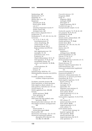 Epidemiology 107
Epididymitis 76, 77
Epiglottitis 60
Epstein–Barr virus 126
Equipment
anaerobic jars 8, 44
blood-culture 22–23
care of 7
operating temperature records 9
quality control 8–9
serological tests 123
Error sources, diagnostic tests 2
Erythrocytes 41
Erythromycin 71, 107, 109, 110, 116, 152
Escherichia
coli 11–12, 17, 88, 91, 145
bronchopneumonia 67
colony morphology 48
control strains 14, 110
diarrhoeal disease 38, 41
b-glucuronidase test (PGUA)
35–36
latex agglutination test 138
meningitis 25, 138
performance tests 10–11
in pharynx 60
Shigella differentiation 50–51, 59
stool specimens 37–38, 41, 146
susceptibility testing 120
urinary tract infection 30, 35–36,
94
wound infections 88
fergusonii 38
hermanii 38
Essential drugs, WHO list 152
Ethylenediamine tetraacetic acid (EDTA)
95
Exudates, purulent, see Purulent
exudates; Surgical specimens
Facultative anaerobic bacteria 98
Faecal specimens, see Stool specimens
False negatives, blood cultures 21
False positives, FTA(Abs) test 131–132
Fasciola hepatica 92
Febrile agglutinins tests 133–135
Females
genital specimens 79–82
urine specimens 31
Fevers 37, 133–135
Filter-paper dip-strip method, urine
specimens 33–34
Flexneri polyvalent antiserum 147, 153
Flocculation reactions, serological tests
125
Flora
mixed anerobic 4
normal pharyngeal 60–61
Flucloxacillin 108
Fluorescence microscopy 123, 131–132
Fluorescent treponemal antibody
absorption (FTA-Abs) test 123,
124, 126, 127, 131–133
159
INDEX
H
Francisella tularensis 133
Fungaemia 20–21
Fungi 10
fungaemia 20–21
meningitis 25–28
pharyngitis 61
surgical specimens 92, 93
Fusobacterium spp. 61
Fusospirochaetal complex 61, 62
Gardnerella vaginalis 76, 79, 80, 82, 149
Gas gangrene 88, 93, 98, 101
Gastroenteritis 37–38
Gelatinase 11, 48
Generic names, antimicrobials 108
Genital herpes 76, 82
Genital specimens 77, 79–82
Genital ulcers 82–5
Gentamicin 107, 109, 110, 116, 152
Ghost cells 41
Giemsa stain 85
Glassware
equipment 8
serological tests 123–124
Glomerulonephritis 61, 135
Glucose 27, 46, 52, 63
Glucuronic acid 35
b-Glucuronidase test, Escherichia coli 13,
35–36, 146, 151
Gluteal abscesses 92
Glycerol, long-term preservation 14
Gold immunoassay 138
Gonococcal antimicrobial supplement
151
Gonococcal pharyngitis 61
Gonococcal urethritis 77
Gonococci, culture preservation 16
Gonococcus, see Neisseria gonorrhoeae
Gonorrhoea 61, 78, 81
Gram-negative organisms 10, 20
Bacillus anthracis 96
CSF cultures 27
meningitis 28, 29
piperacillin 116
respiratory tract infection 61
sputum specimens 69
stool cultures 45, 47
surgical specimens 87, 91, 96
urine cultures 34
Gram-positive organisms 10, 20, 27–28,
91
CSF cultures 27
sputum specimens 69, 70
stool cultures 46–47
surgical specimens 91, 95
urine cultures 34
Gram-stained smears
(see also Gram staining) 64
bacterial vaginosis 81
CSF specimens 26–27
sputum specimens 69
surgical specimens 91, 92, 93
urine specimens 32
BLMINDEX 1/17/04 2:39 PM Page 159
 