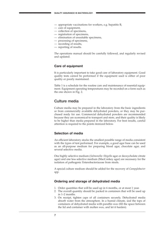 — appropriate vaccinations for workers, e.g. hepatitis B,
— care of equipment,
— collection of specimens,
— registration of specimens,
— elimination of unsuitable specimens,
— processing of specimens,
— recording of results,
— reporting of results.
The operations manual should be carefully followed, and regularly revised
and updated.
Care of equipment
It is particularly important to take good care of laboratory equipment. Good
quality tests cannot be performed if the equipment used is either of poor
quality or poorly maintained.
Table 1 is a schedule for the routine care and maintenance of essential equip-
ment. Equipment operating temperatures may be recorded on a form such as
the one shown in Fig. 2.
Culture media
Culture media may be prepared in the laboratory from the basic ingredients
or from commercially available dehydrated powders, or they may be pur-
chased ready for use. Commercial dehydrated powders are recommended
because they are economical to transport and store, and their quality is likely
to be higher than media prepared in the laboratory. For best results, careful
attention is required to the points itemized below.
Selection of media
An efﬁcient laboratory stocks the smallest possible range of media consistent
with the types of test performed. For example, a good agar base can be used
as an all-purpose medium for preparing blood agar, chocolate agar, and
several selective media.
One highly selective medium (Salmonella–Shigella agar or deoxycholate citrate
agar) and one less selective medium (MacConkey agar) are necessary for the
isolation of pathogenic Enterobacteriaceae from stools.
A special culture medium should be added for the recovery of Campylobacter
spp.
Ordering and storage of dehydrated media
1. Order quantities that will be used up in 6 months, or at most 1 year.
2. The overall quantity should be packed in containers that will be used up
in 1–2 months.
3. On receipt, tighten caps of all containers securely. Dehydrated media
absorb water from the atmosphere. In a humid climate, seal the tops of
containers of dehydrated media with parafﬁn wax (ﬁll the space between
the lid and container with molten wax, and let it harden).
7
QUALITY ASSURANCE IN BACTERIOLOGY
A
BLMIN 1/17/04 2:08 PM Page 7
 